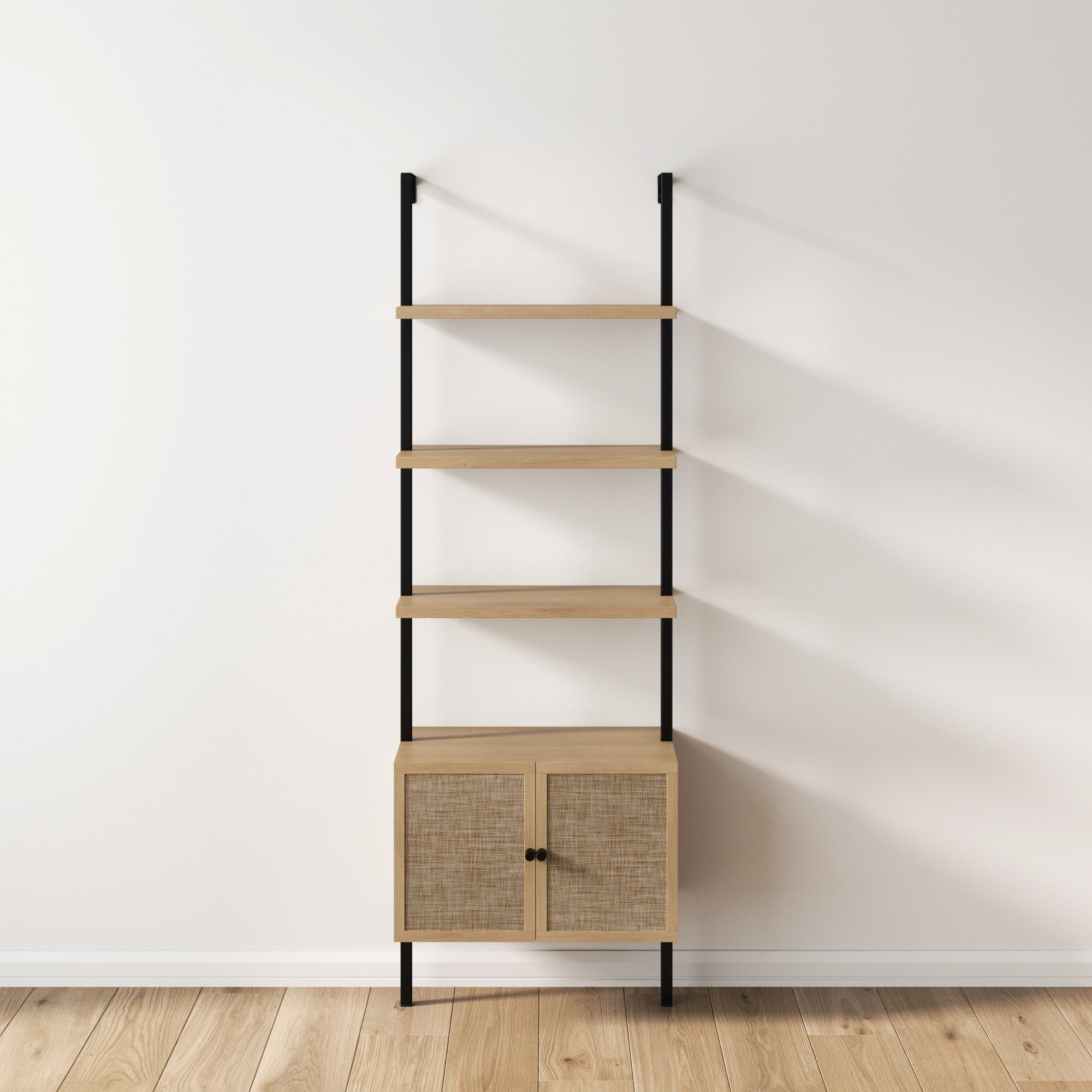 Rattan Ladder Storage Bookshelf with Doors Light Oak - Thumbnail 4