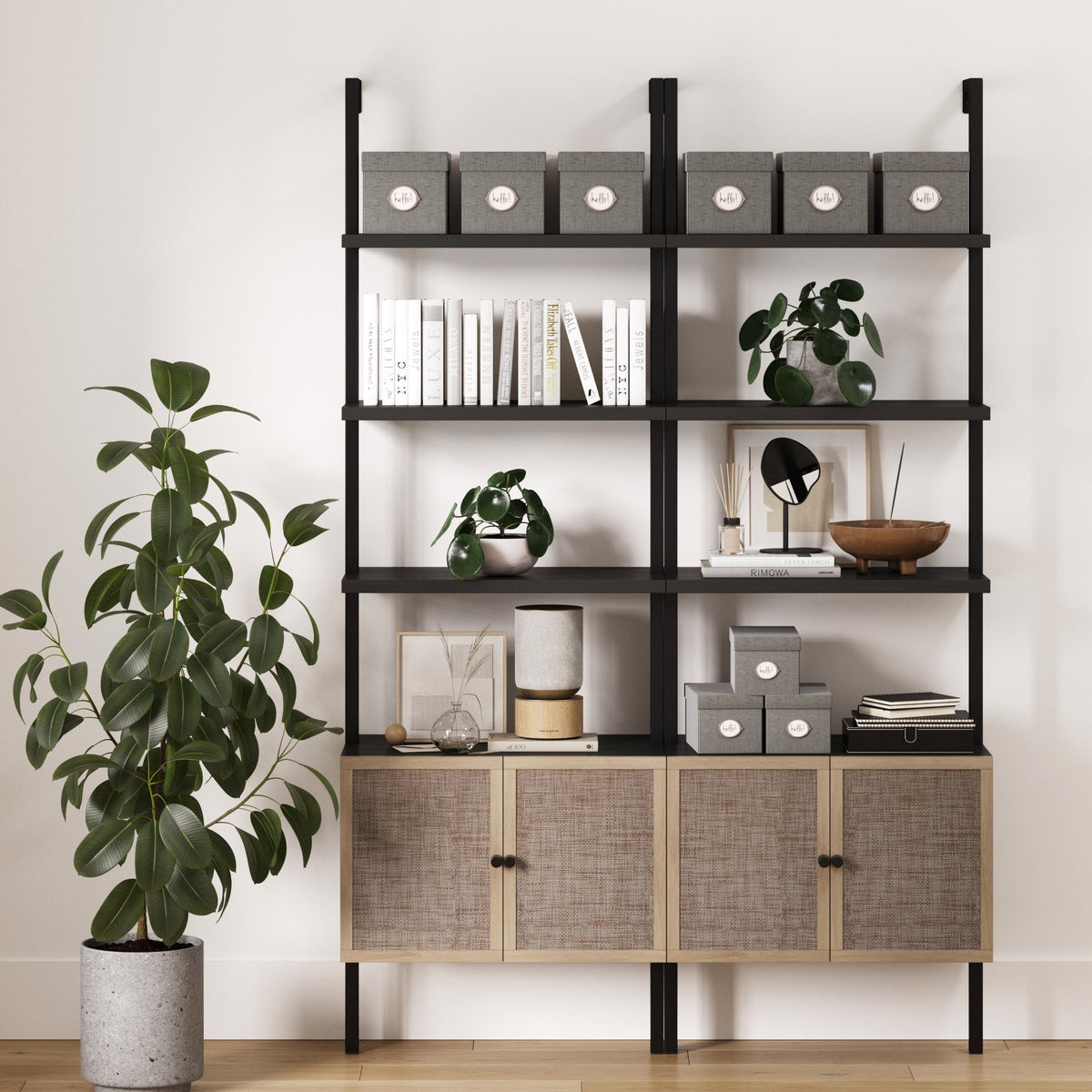 Theo Rattan Wood Bookshelf With Storage Set Of 2 