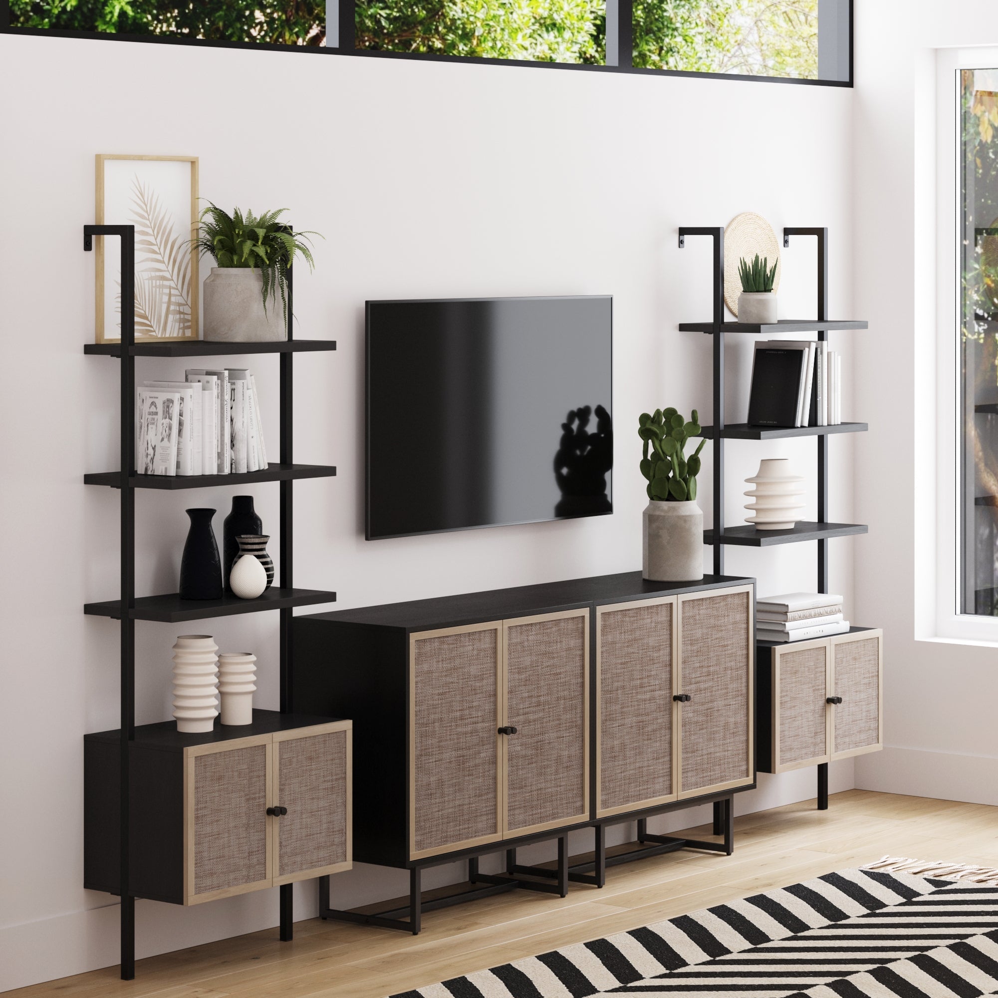 Rattan Ladder Wall Bookshelves with Doors Black (Set of 2) - Thumbnail 2