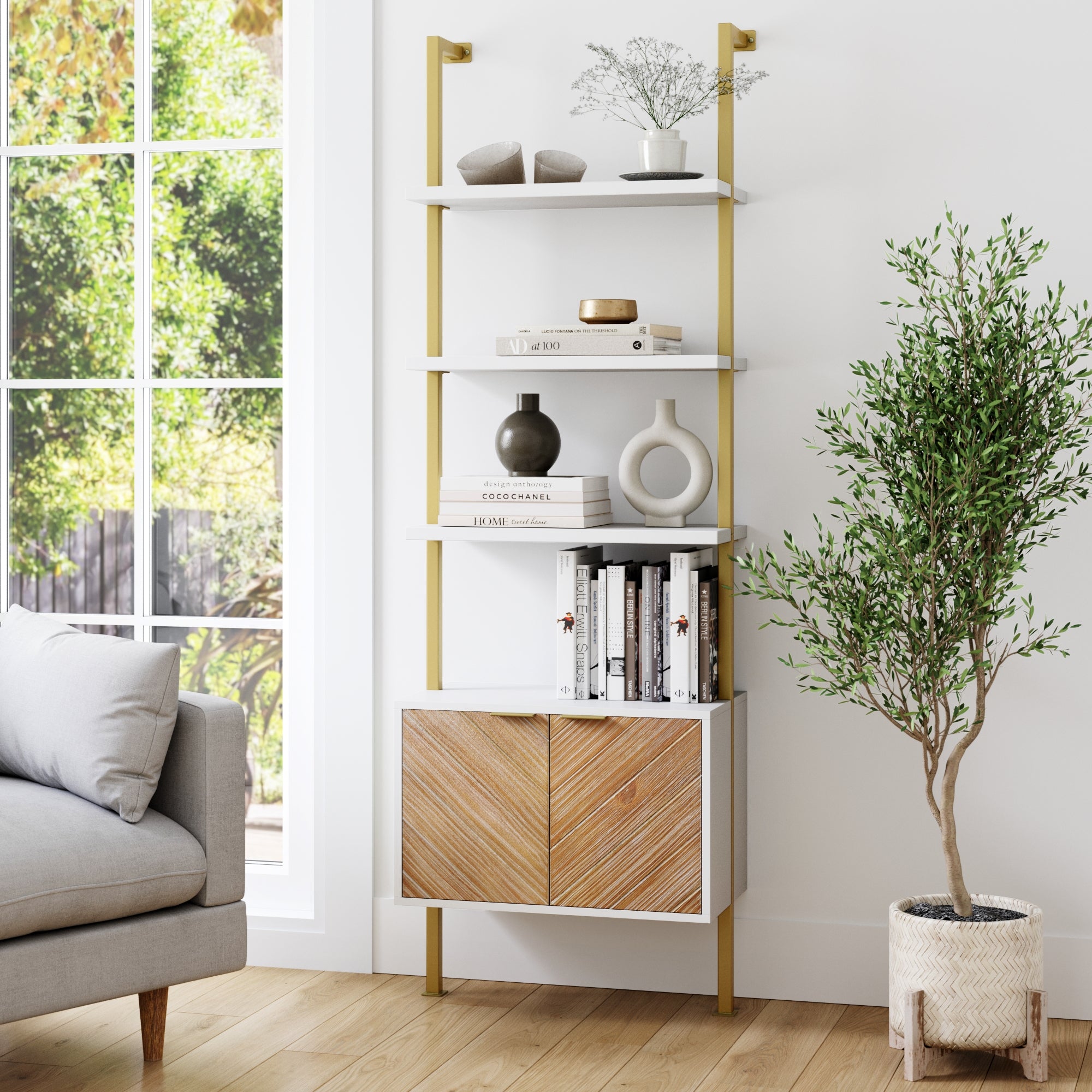 Wood Ladder Storage Bookshelf with Doors Natural Wash