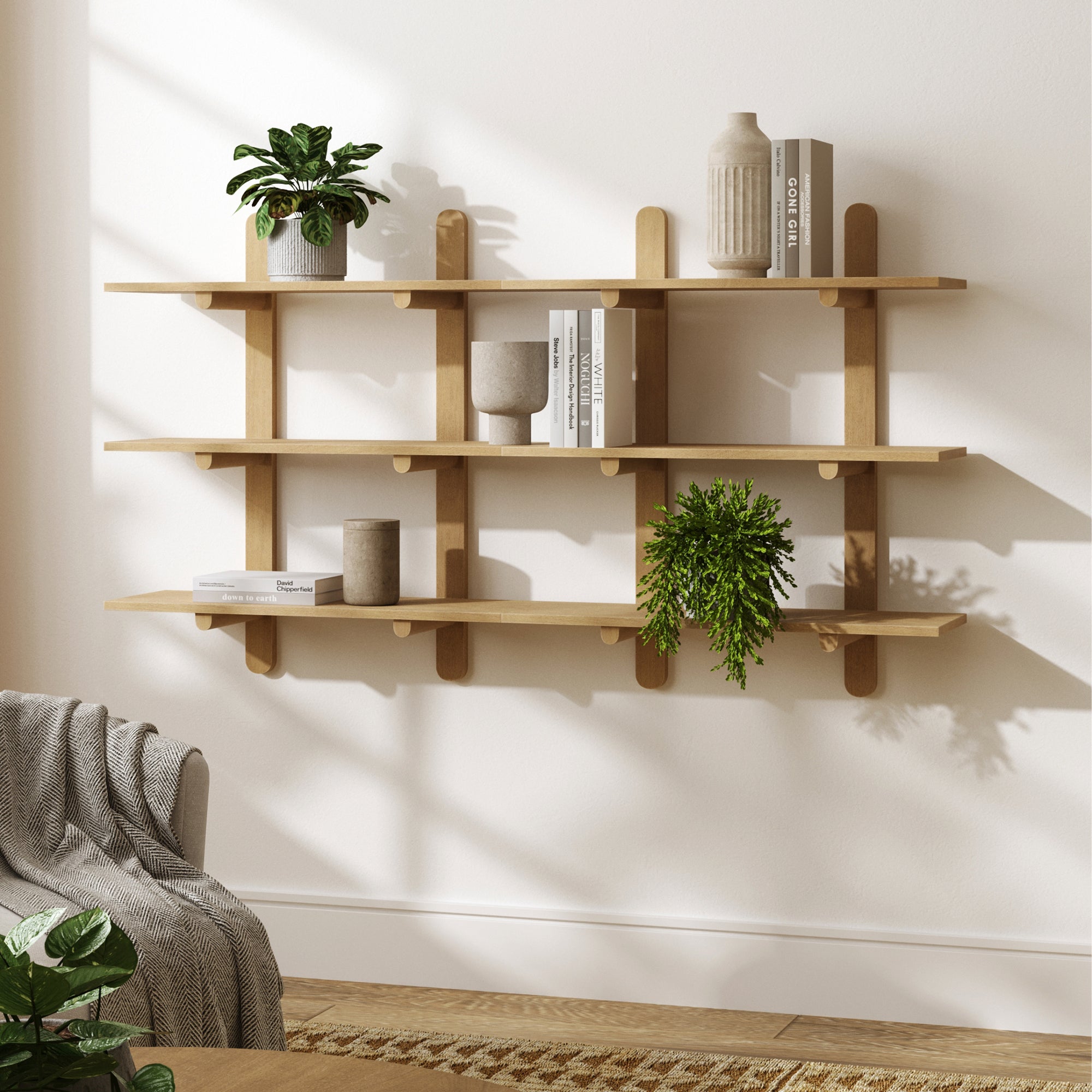 Wooden Mid Century Modern Modular Wall Shelving Light Brown (Set of 2) - Nathan James