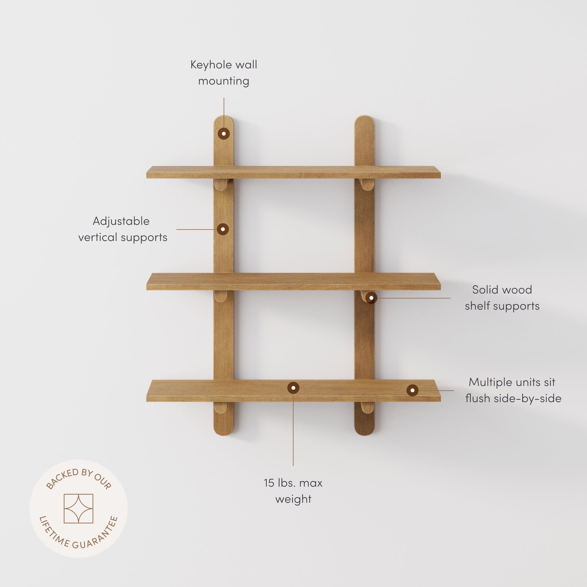 Frankie Wall Shelf Wood 3-Tier Mid-Century Light Brown | Nathan James