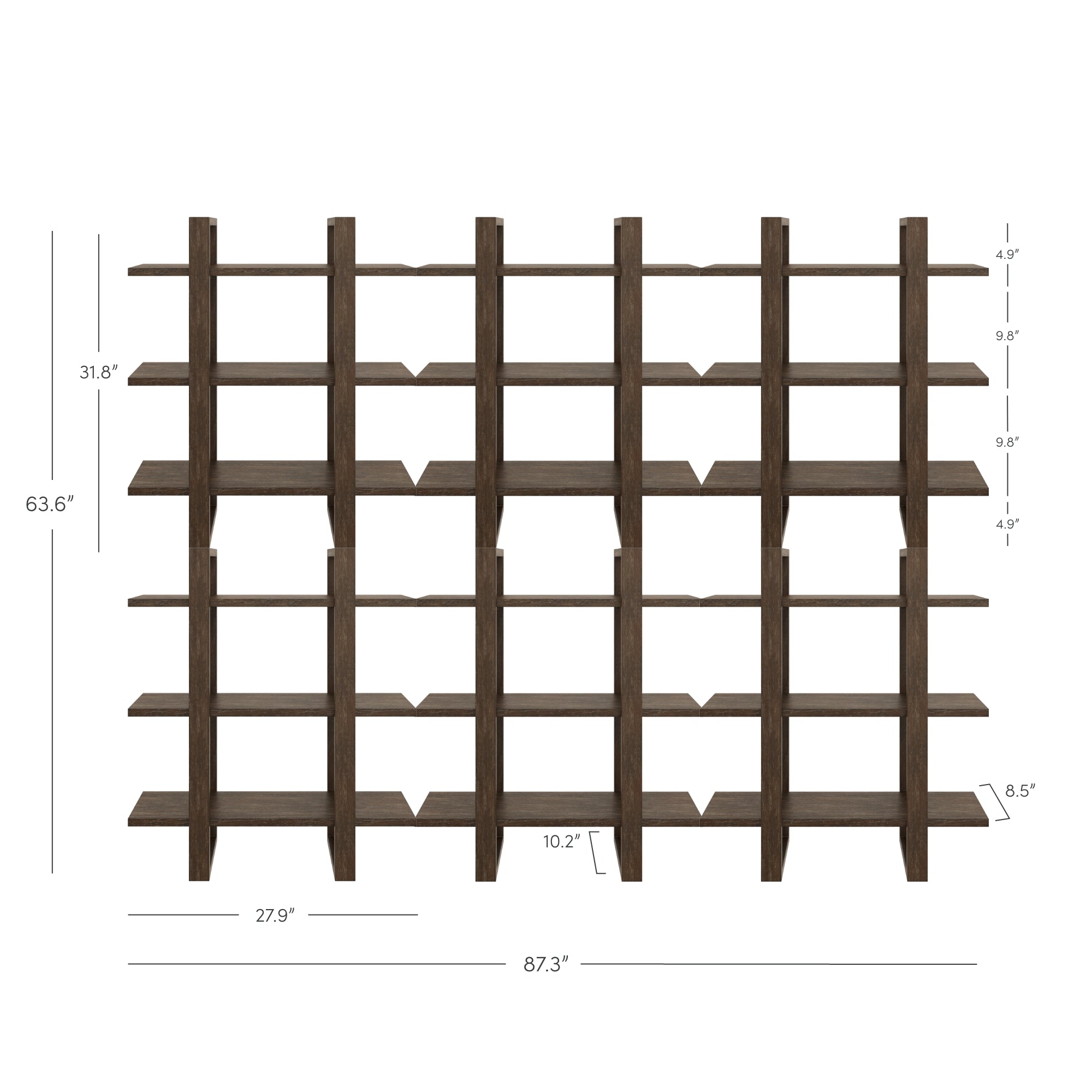 Dark brown wooden grid-style bookshelf with four rows and five columns; various shelf heights and widths are labeled with measurements; total bookshelf height is 63.6 inches and width is 87.3 inches.