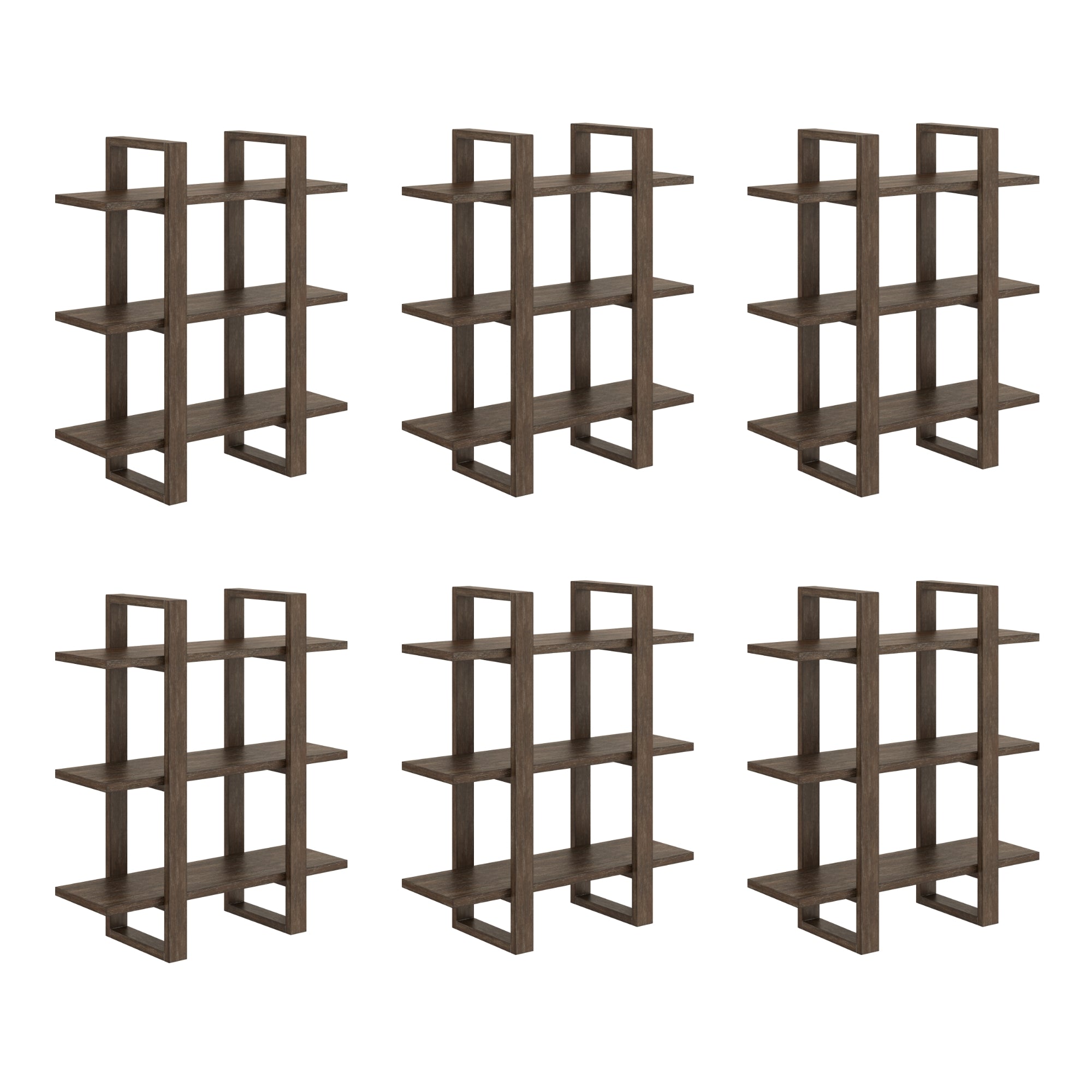 Six Nathan James Solid Wood Wall Shelves in dark brown (set of 6), featuring three tiers and a modern open-frame design, are arranged in two rows of three against a white background.
