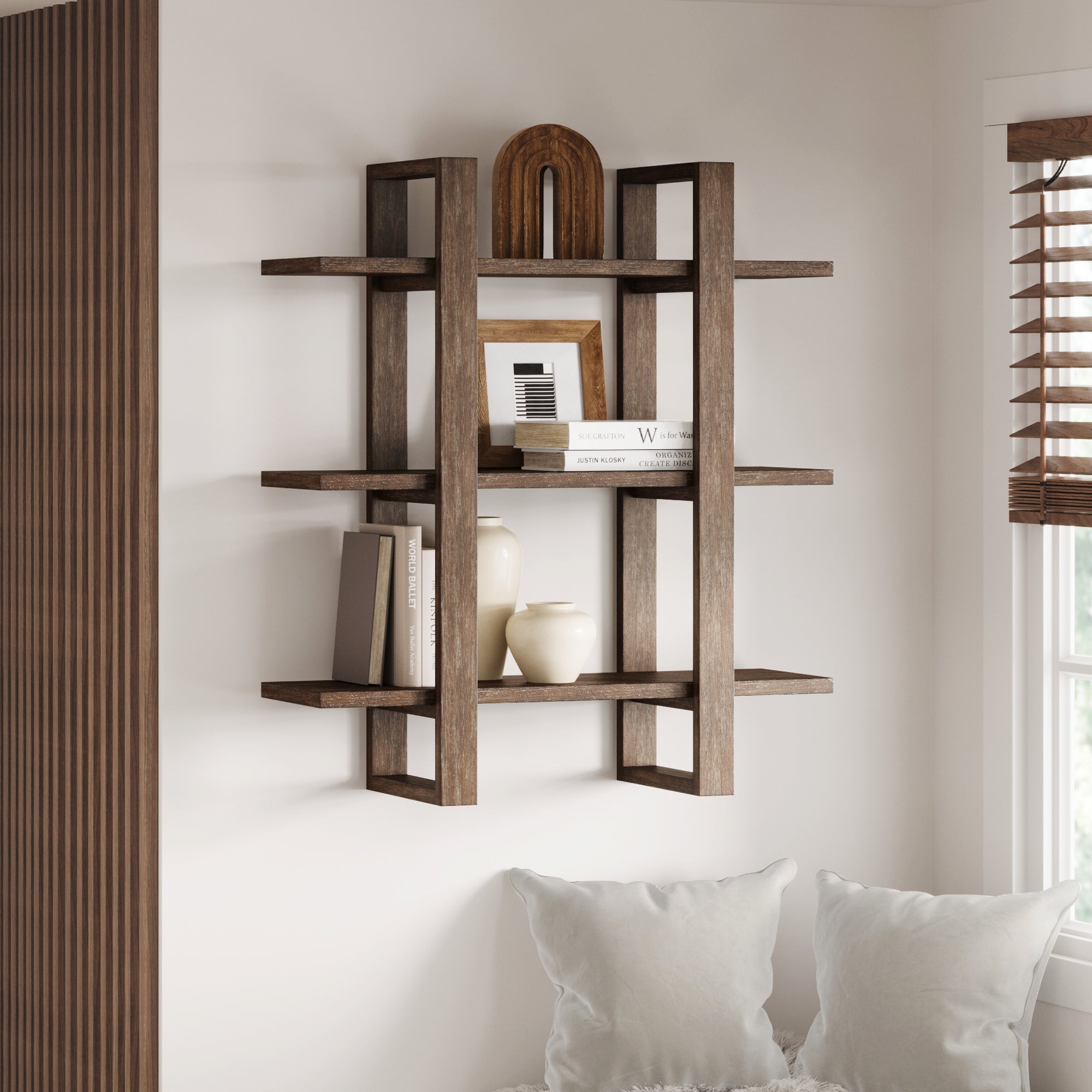 Nathan James Benji Floating Wall Book Shelves, 3-Tier Display Shelf, Decorative Modular Shelf in Solid Wood - Dark Brown