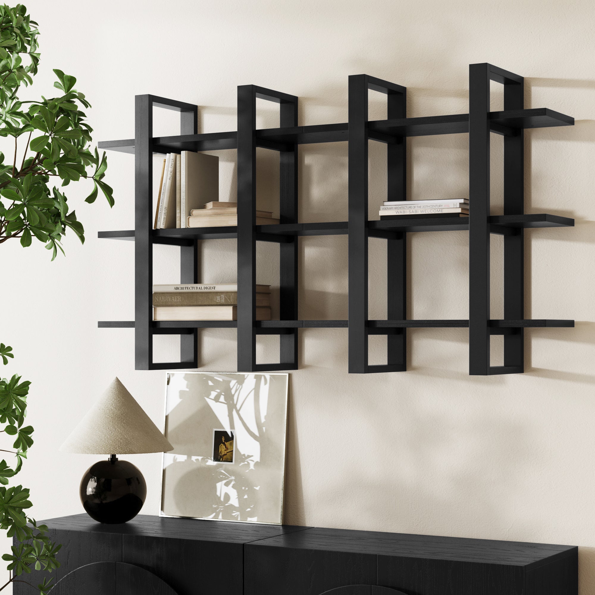 Solid Wood Modular Floating Wall Shelf Black Oak (Set of 2)