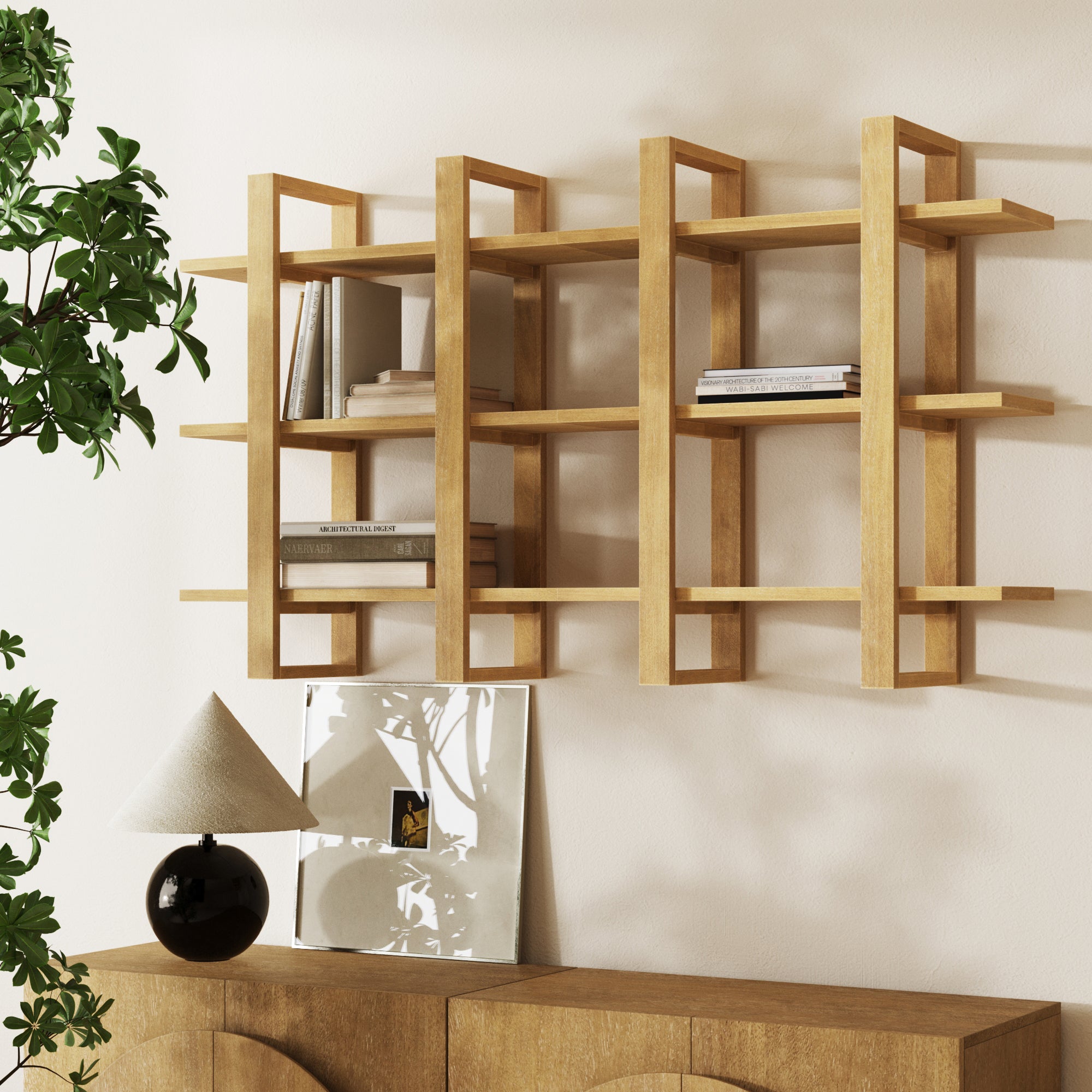 Solid Wood Modular Floating Wall Shelf Light Brown (Set of 2)