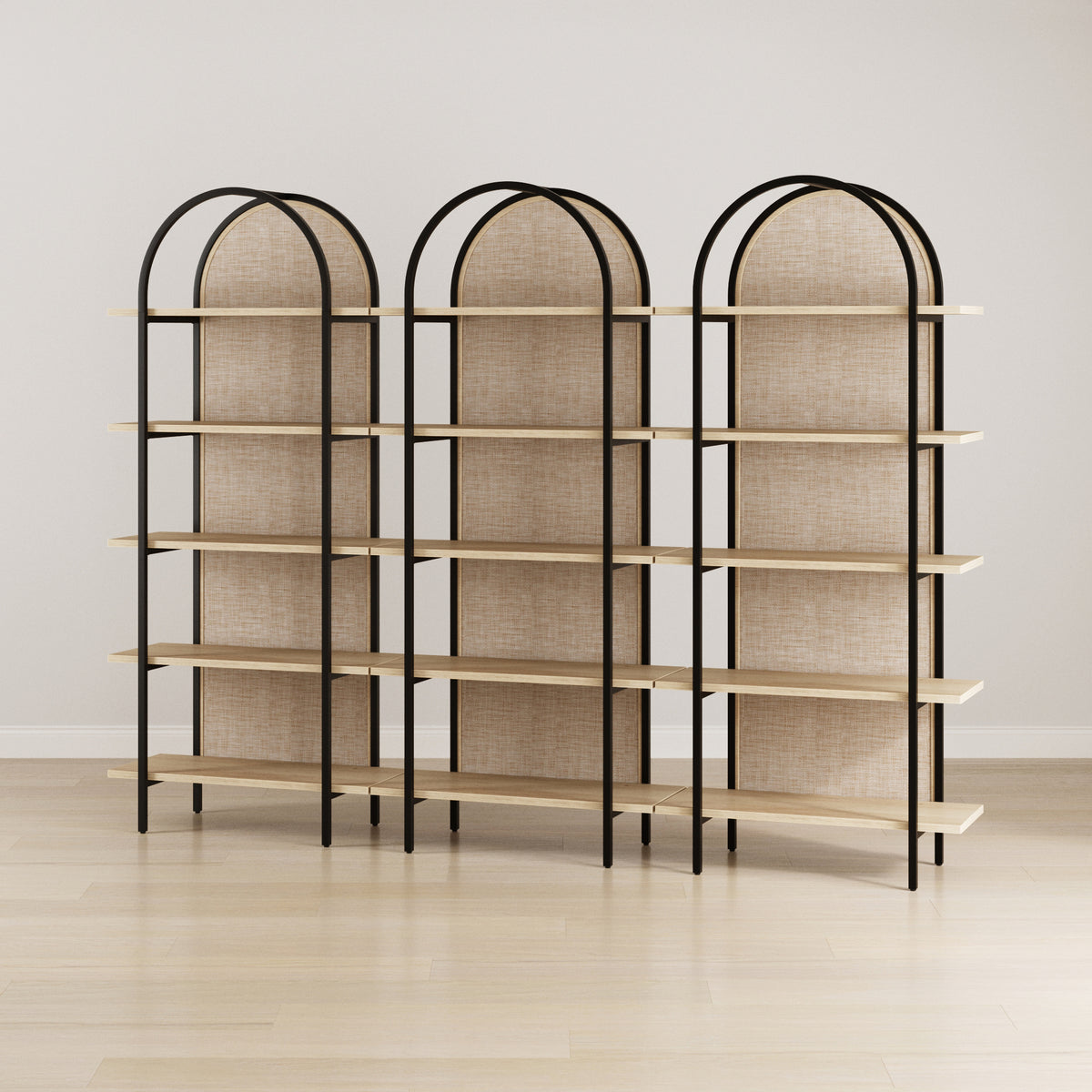 Boho Rattan & Wood Arched Bookshelves (Set of 3)
