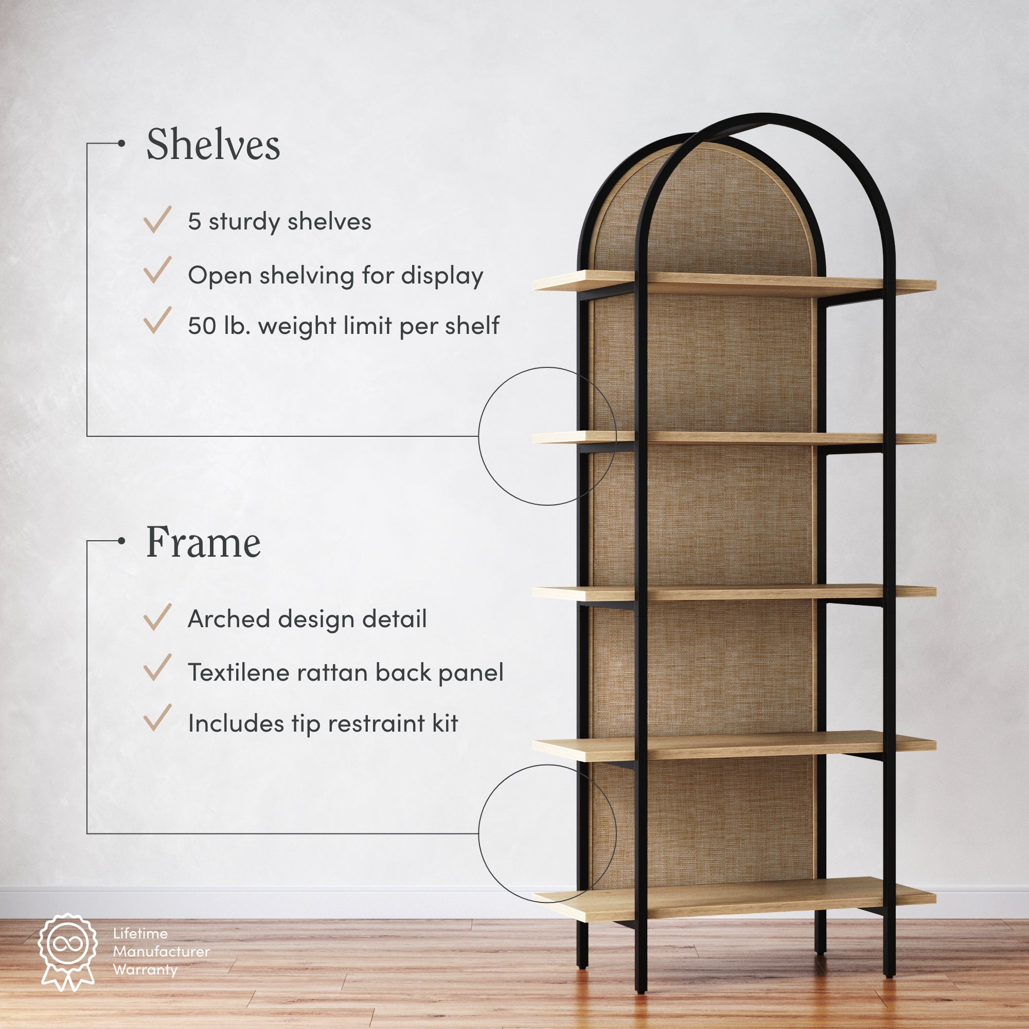 Boho Rattan & Wood Arched Bookshelves (Set of 2) - Thumbnail 3