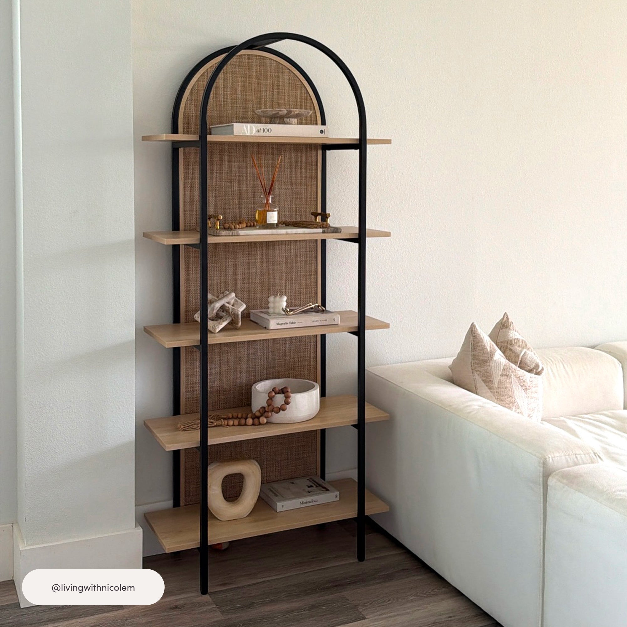 Amara Rattan & Wood Arched 5-Shelf Etagere Bookshelf | Nathan James