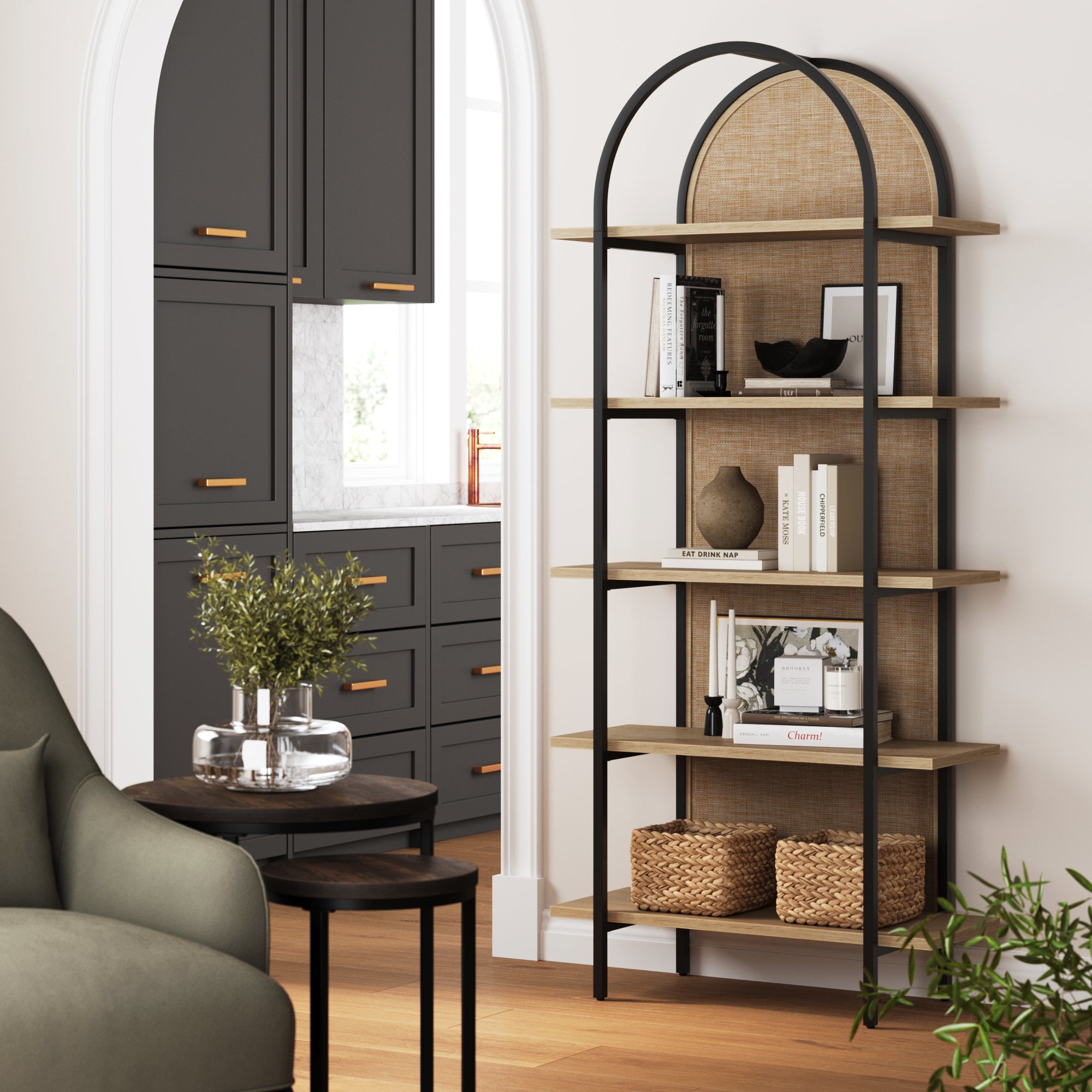 Boho Rattan & Wood Arched Bookshelf - Thumbnail 5