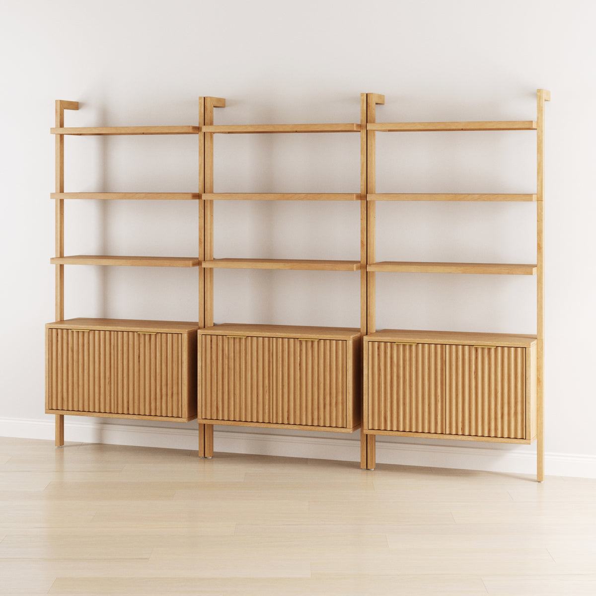 Mid-Century Fluted Wall Bookshelves with Doors Warm Pine (Set of 3)