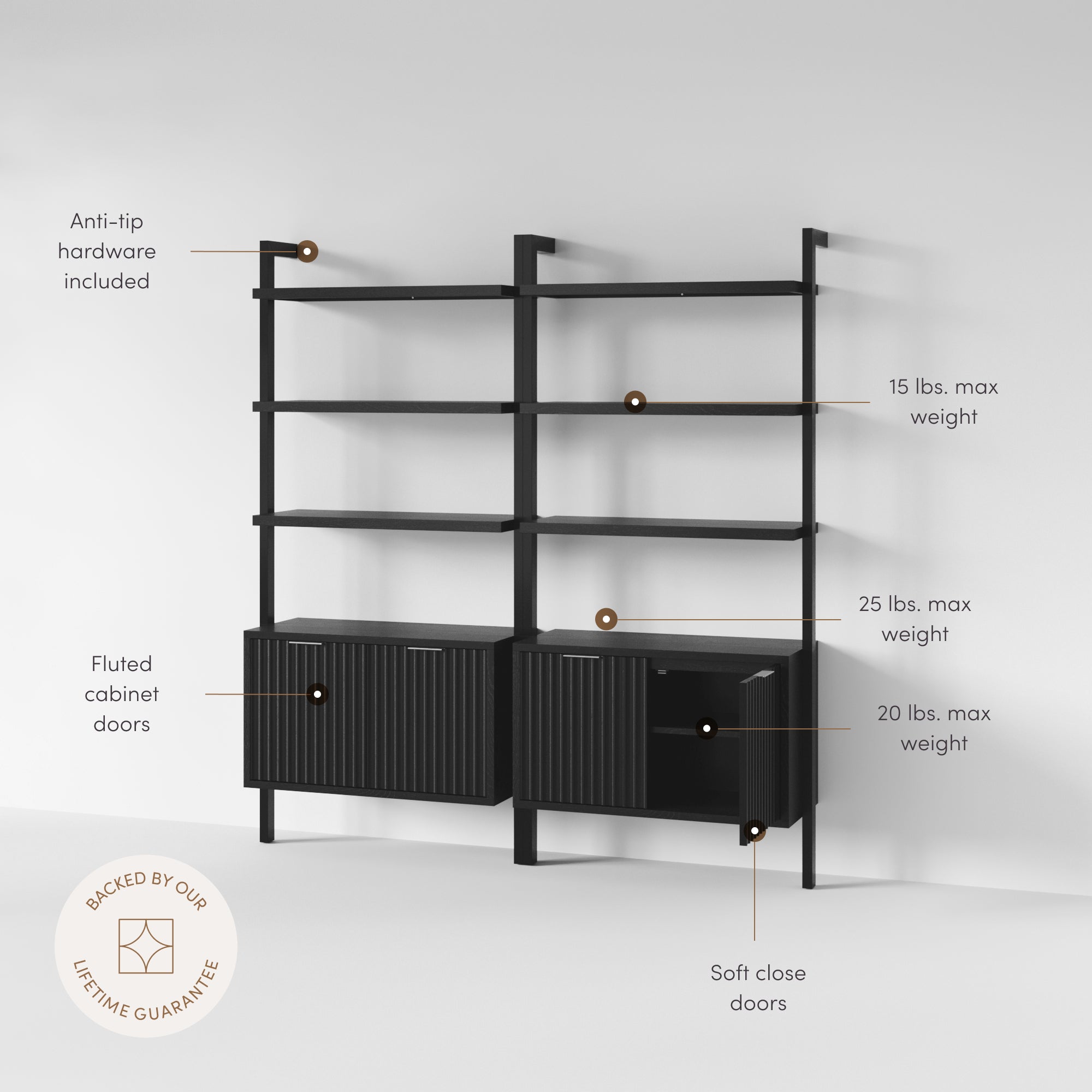 Jasper Mid-Century Bookshelf with Doors Black Set of 2 | Nathan James