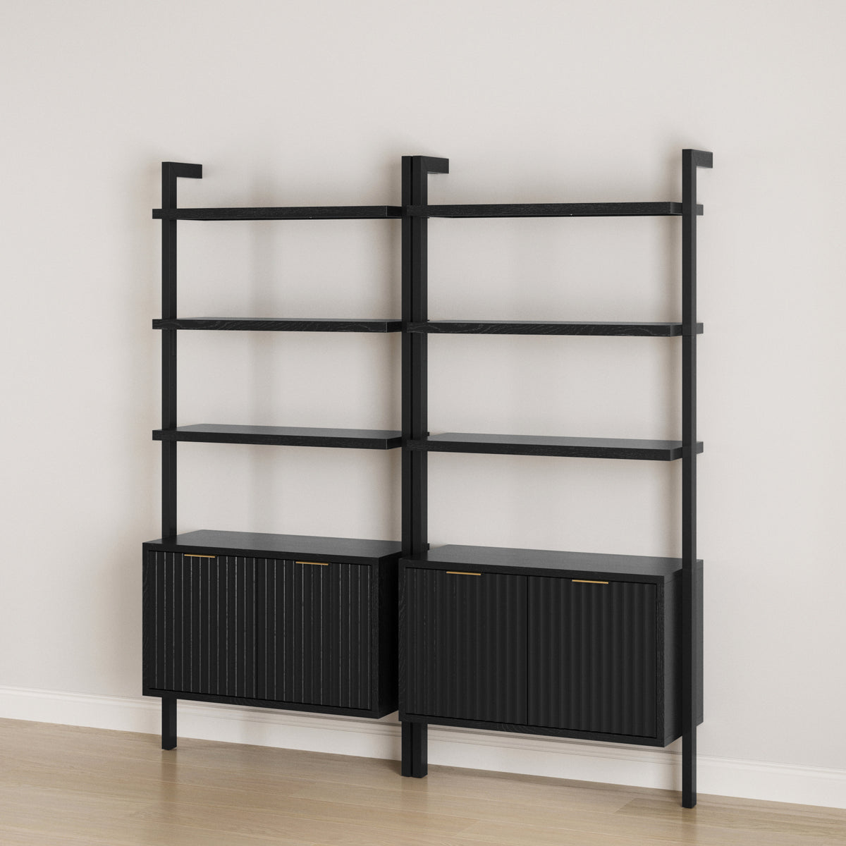 Mid-Century Fluted Wall Bookshelves with Doors Black (Set of 2)