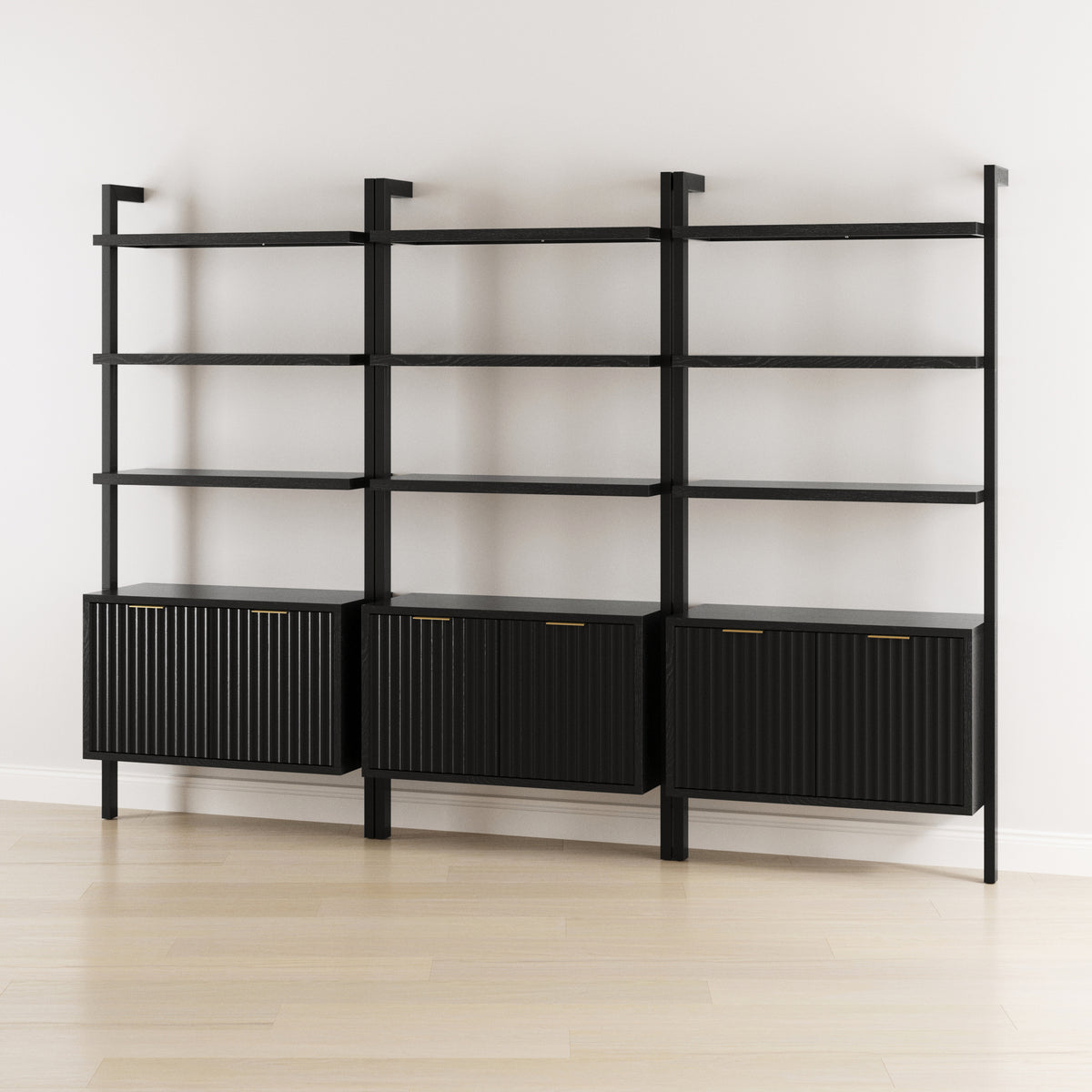 Mid-Century Fluted Wall Bookshelves with Doors Black (Set of 3) - Nathan James