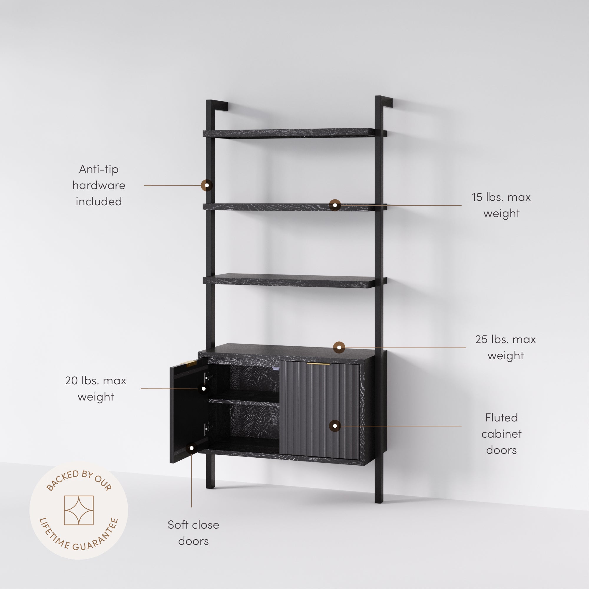 Jasper Mid-Century Fluted Bookshelf with Doors Black | Nathan James
