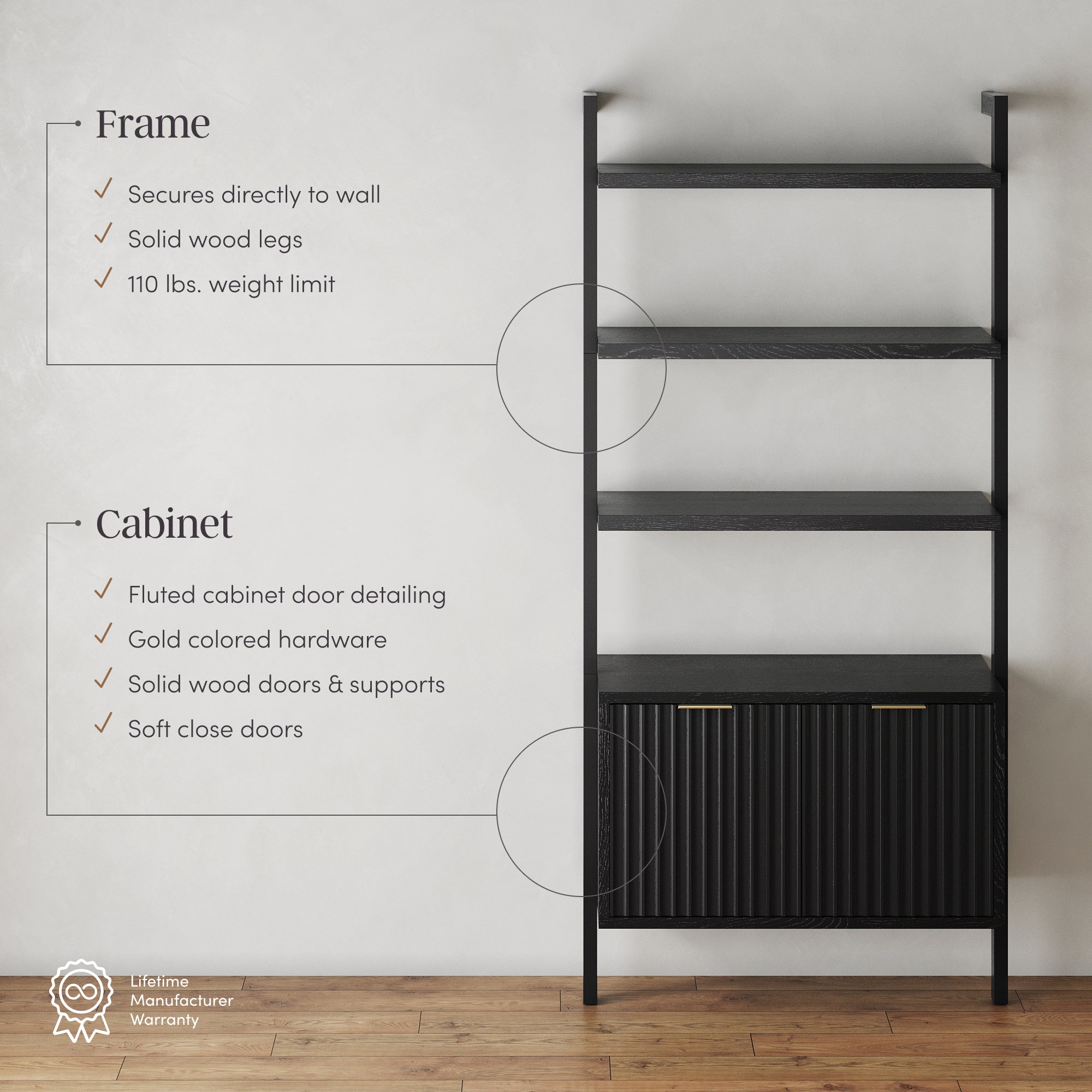 Jasper Mid-Century Fluted Bookshelf with Doors Black | Nathan James