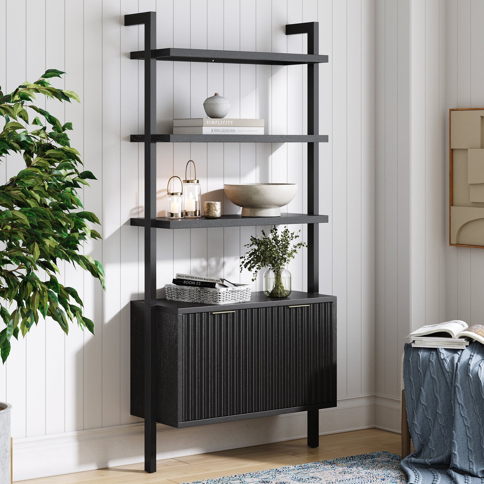 Jasper Mid-Century Fluted Bookshelf with Doors Black | Nathan James