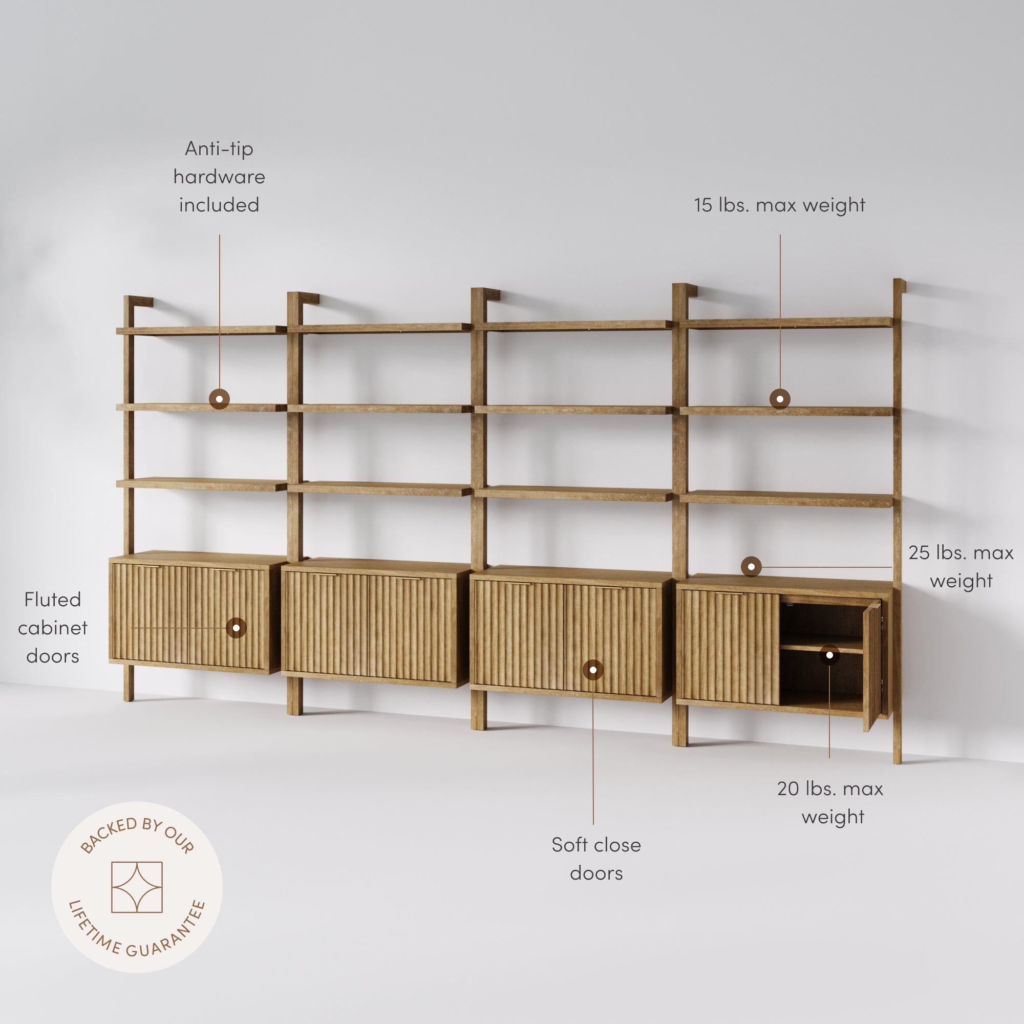 Jasper Bookshelf Fluted Wood Light Brown Set of 4 | Nathan James