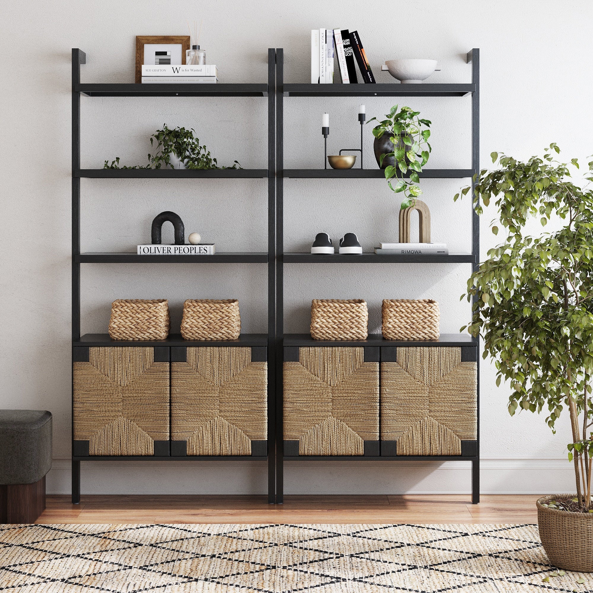Seagrass Wall Bookshelves with Doors Black (Set of 2)