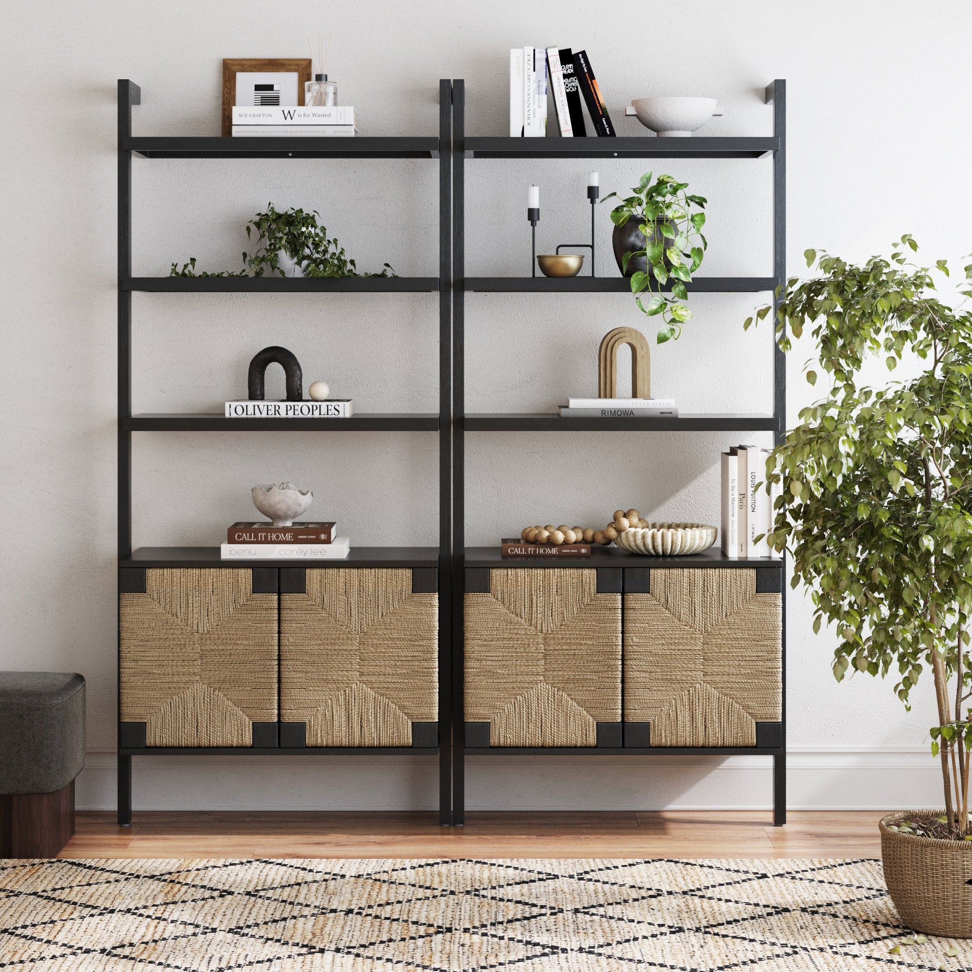 Seagrass Wall Bookshelves with Doors Black (Set of 2) - Nathan James
