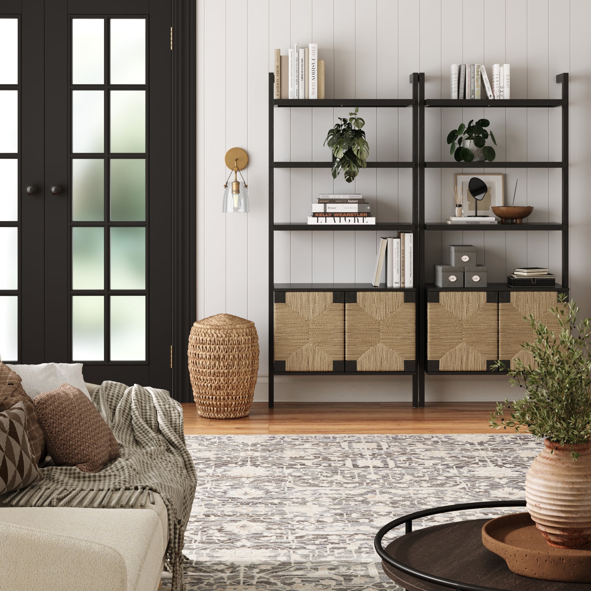 Seagrass Wall Bookshelves with Doors Black (Set of 2) - Nathan James