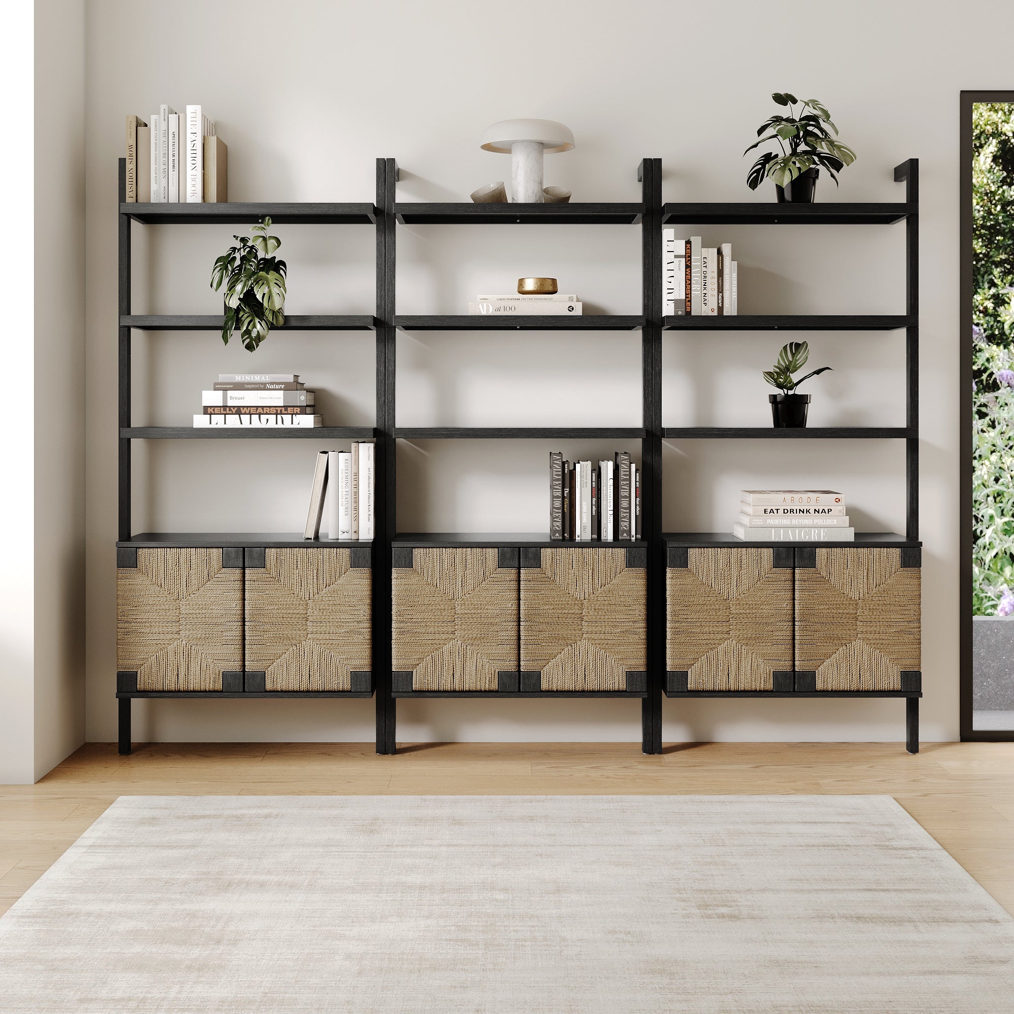 Seagrass Wall Bookshelves with Doors Black (Set of 3)