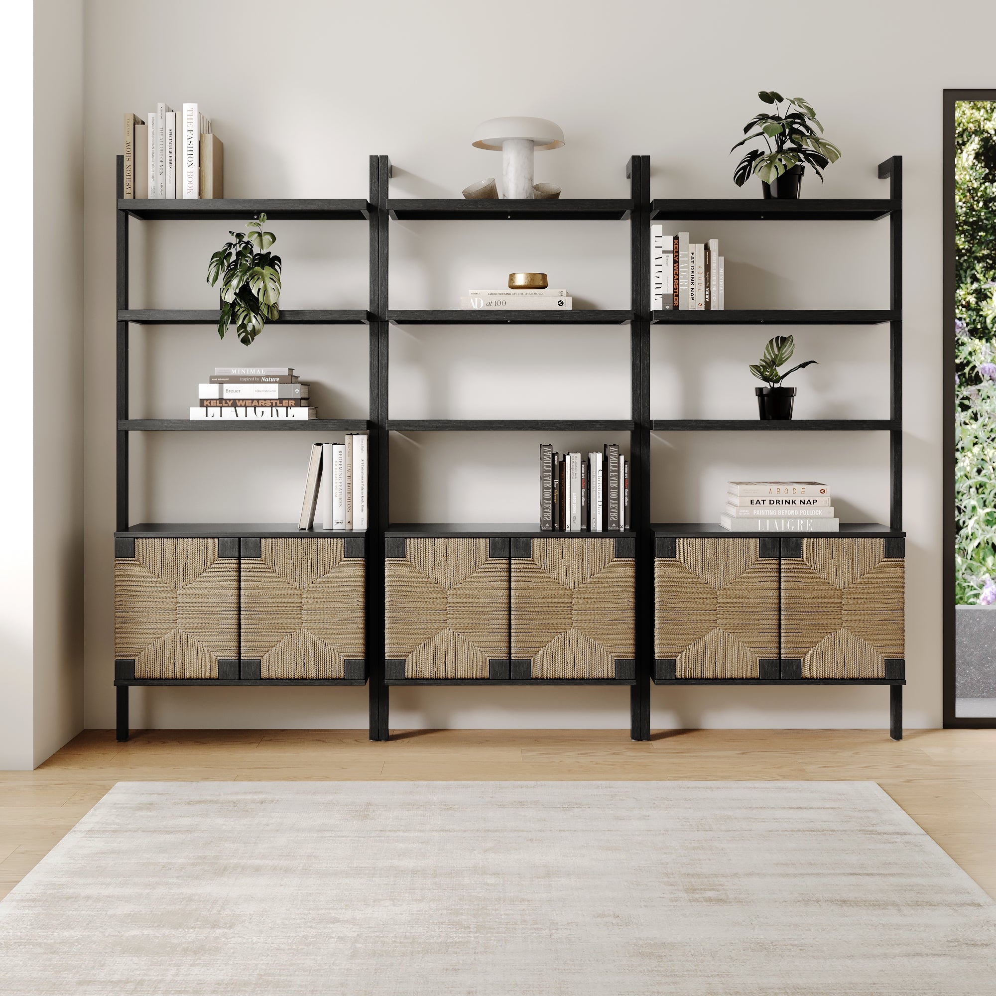 Seagrass Wall Bookshelves with Doors Black (Set of 3) - Nathan James