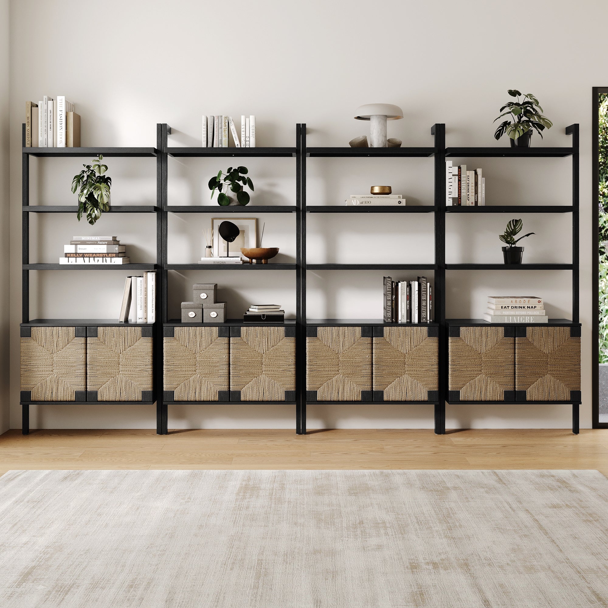 Seagrass Wall Bookshelves with Doors Black (Set of 4)