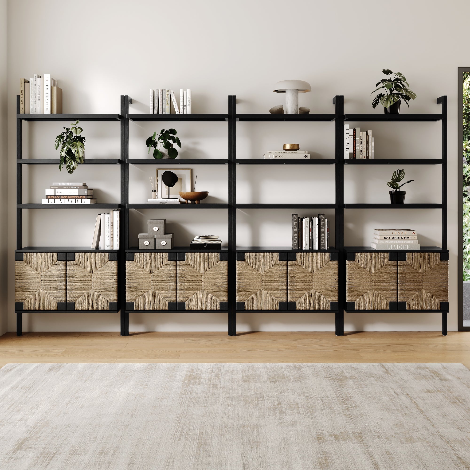 Seagrass Wall Bookshelves with Doors Black (Set of 4) - Nathan James