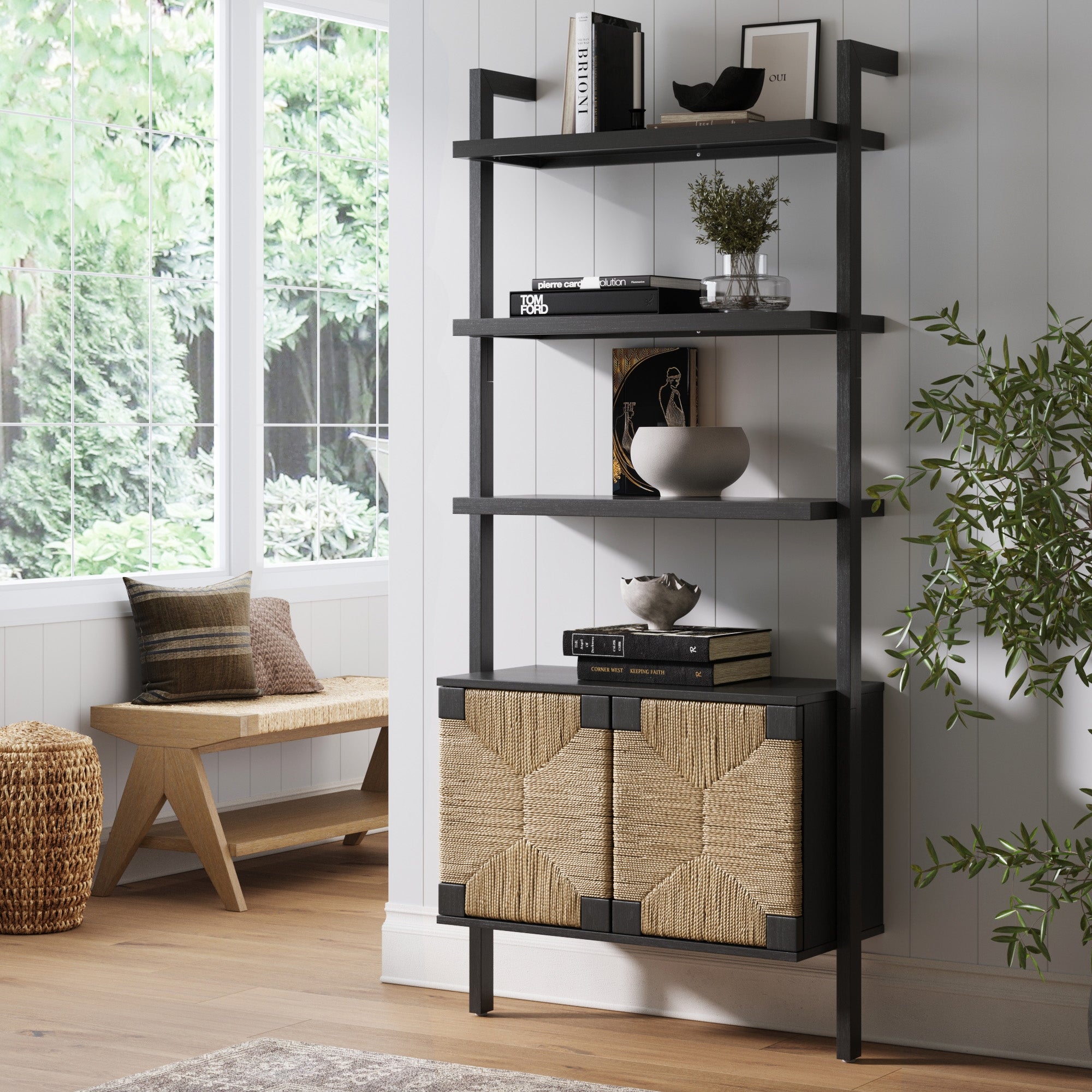 Seagrass Wall Bookshelf with Doors Black - Nathan James