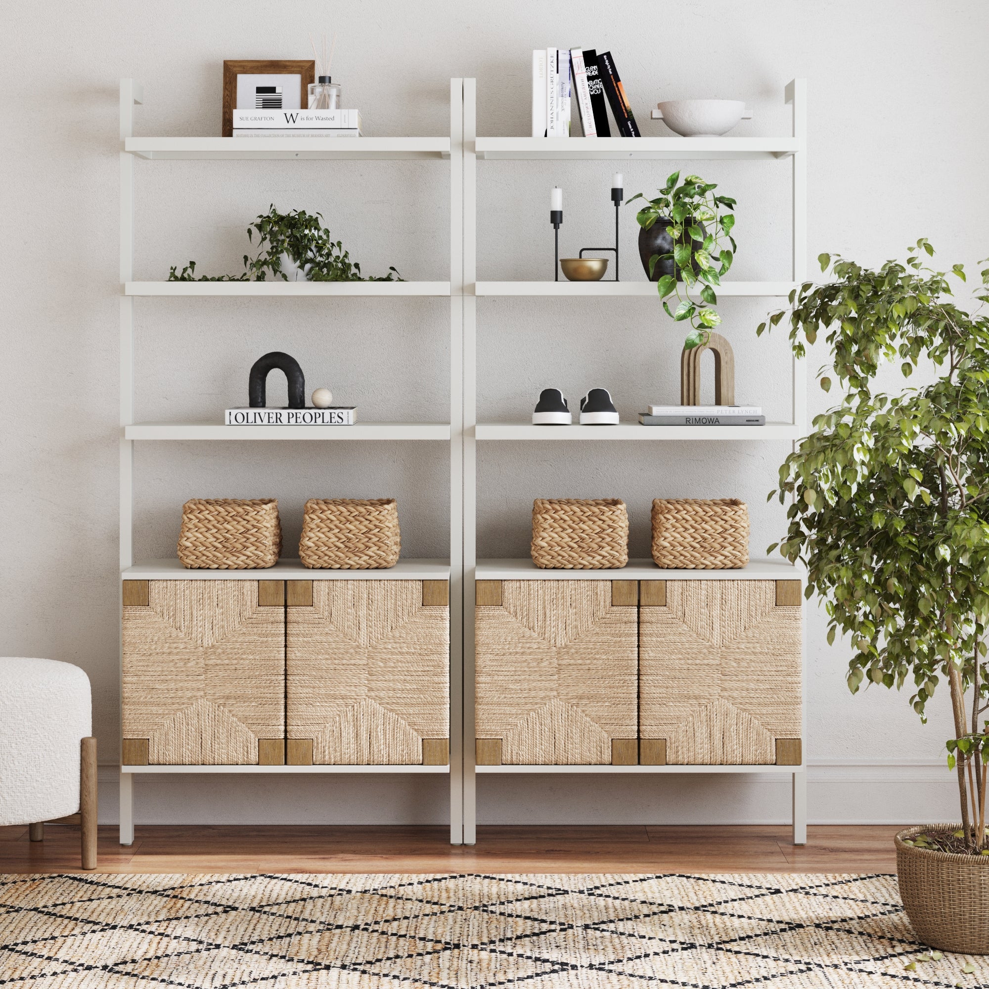 Beacon Seagrass Wall Bookshelf with Doors White Set of 2 | Nathan