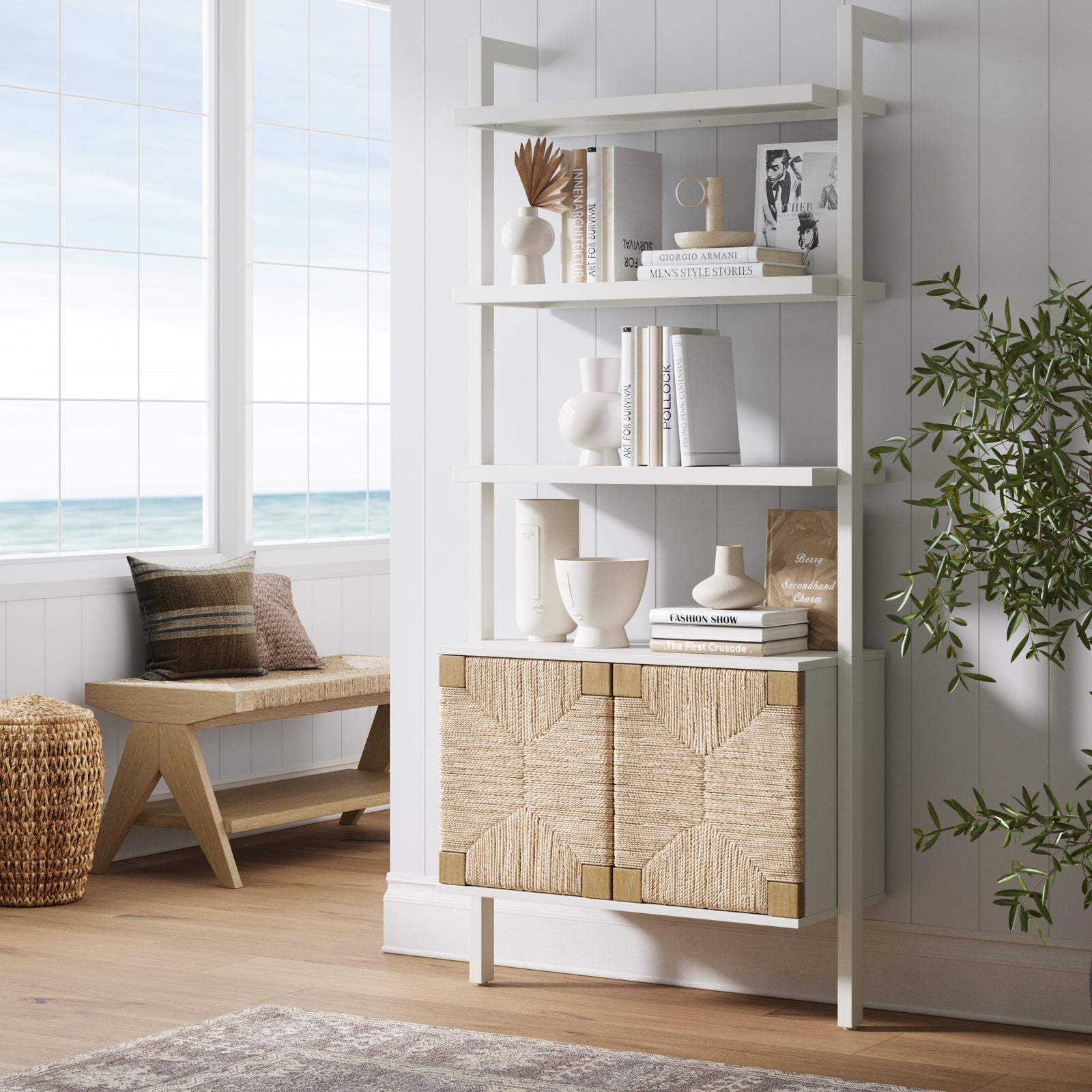 Beacon Seagrass Boho Wall Bookshelf with Doors White | Nathan James