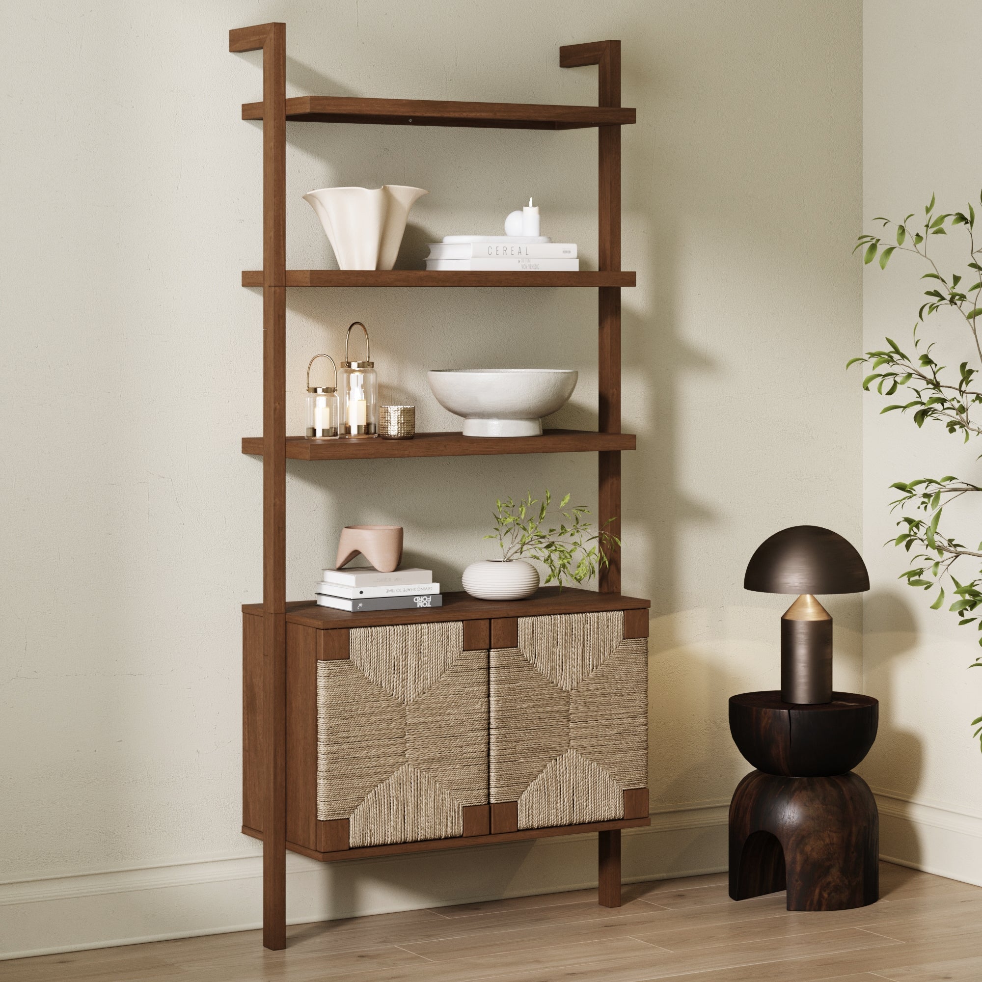 Beacon Seagrass Wall Bookshelf with Doors Dark Brown | Nathan James