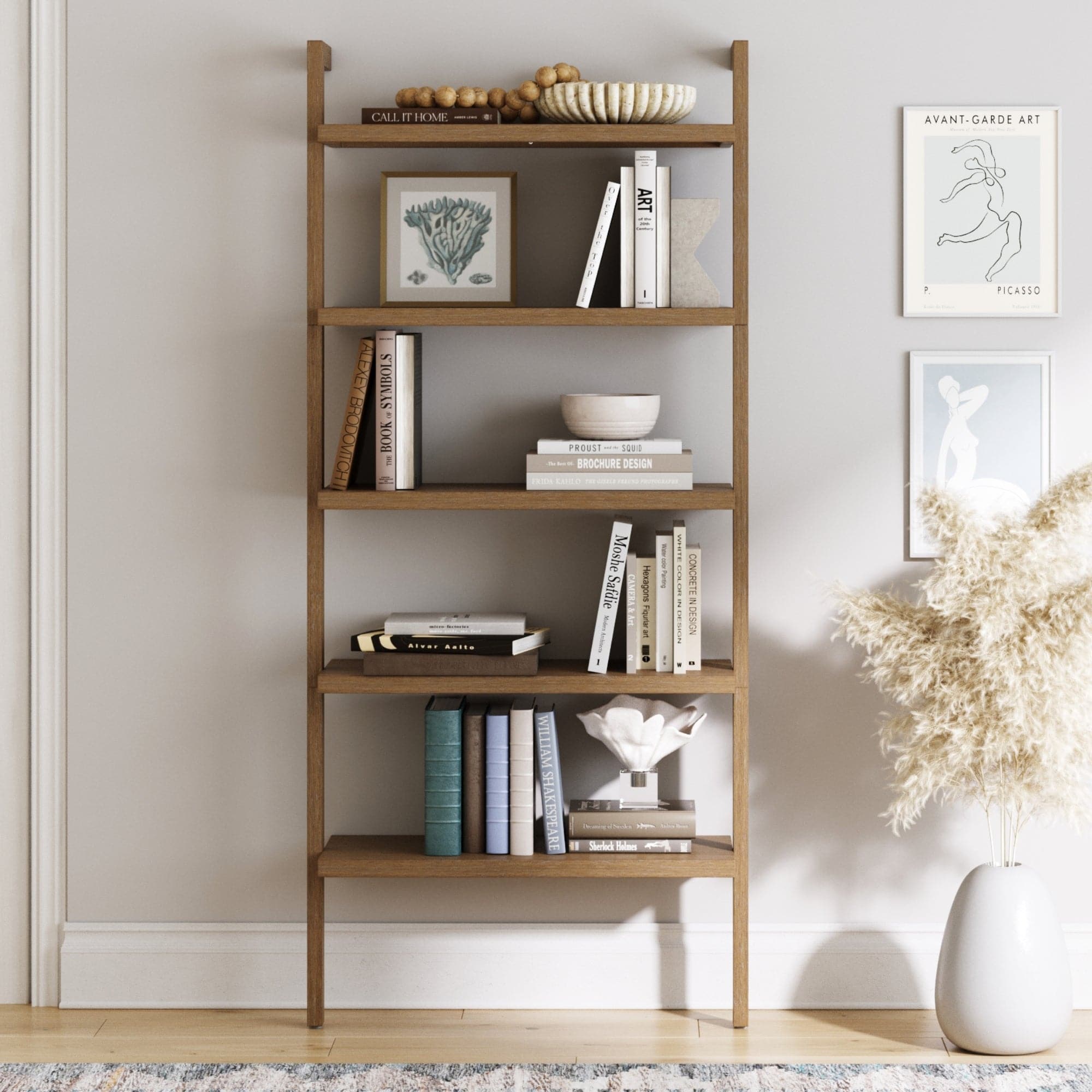 Wood 5-Shelf Ladder Wall Bookshelf Light Brown