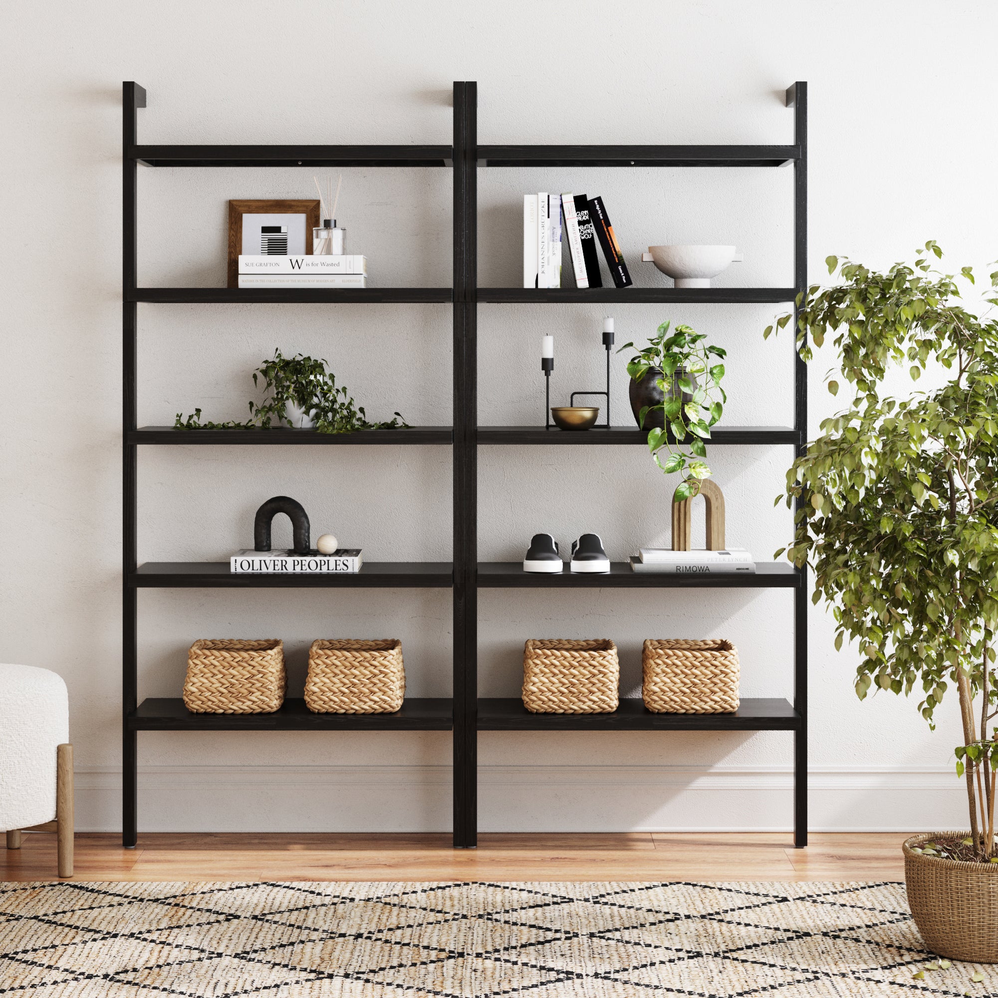 Wood 5 Tier Wall Mounted Bookshelf Black Oak (Set of 4)