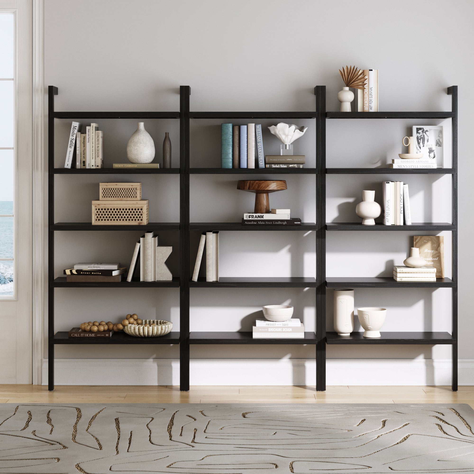 Wood 5 Tier Wall Mounted Bookshelf Black Oak (Set of 4) - Thumbnail 4