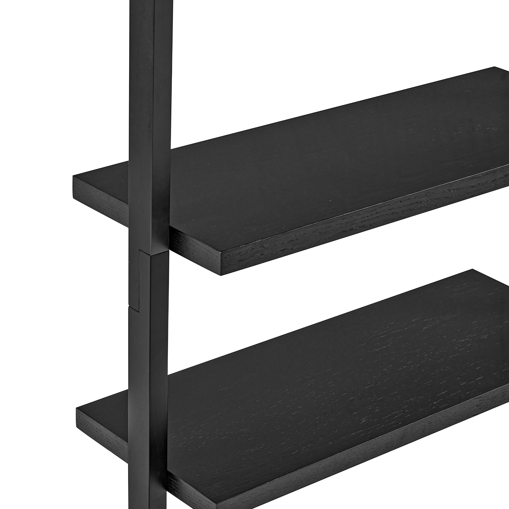 Close-up view of black wooden shelves with a simple, modern design, supported by a vertical frame, against a white background. Only part of the shelving unit is visible.
