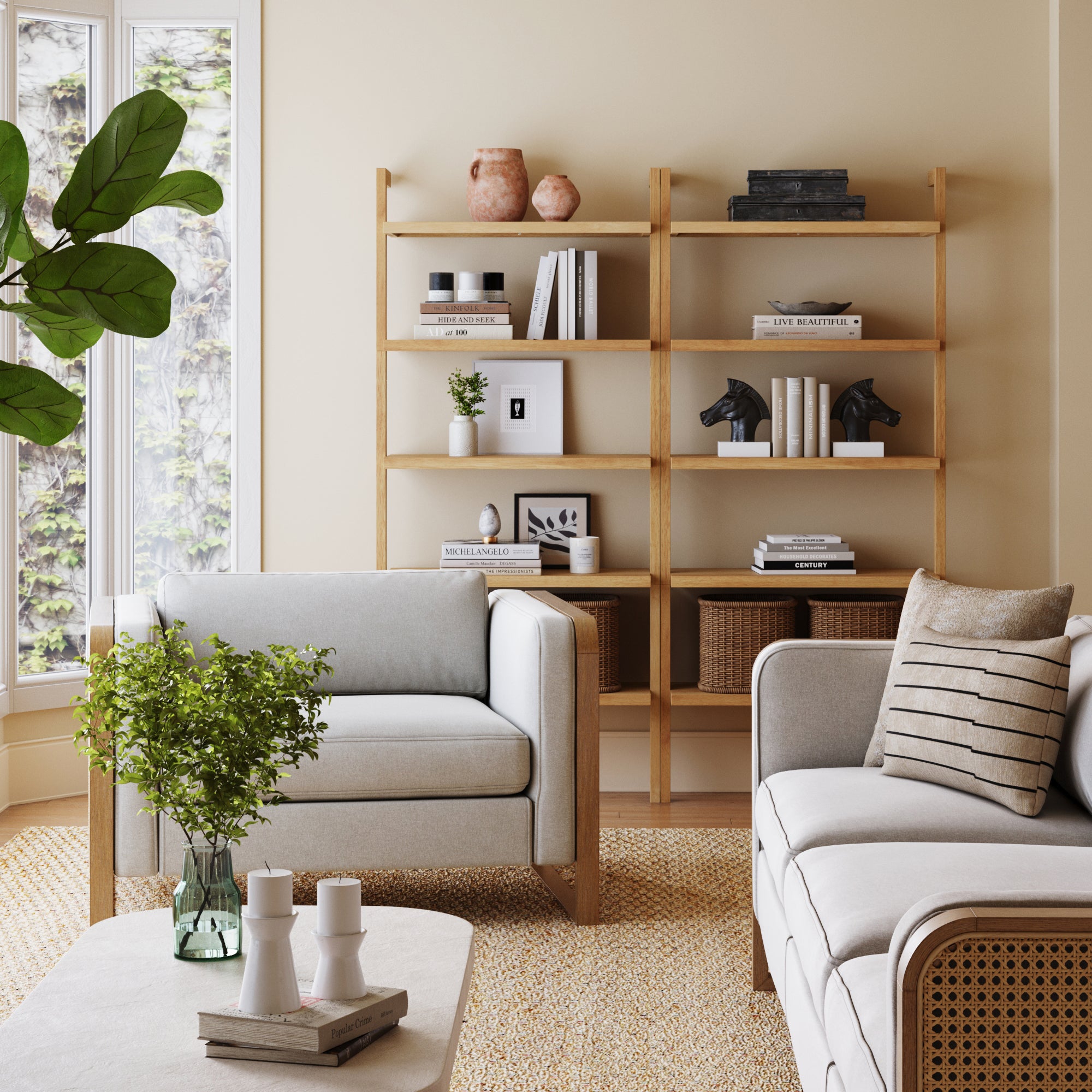 A modern living room with neutrals, two armchairs, a sofa, coffee table with candles and a plant, and Nathan James Wood 5-Shelf Ladder Wall Bookshelf in Warm Pine (Set of 2) holding books and décor. Large windows bring in natural light.