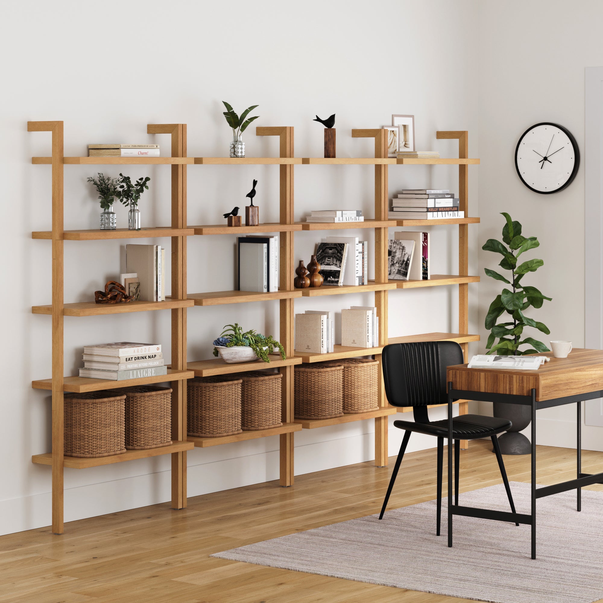 Wood 5-Shelf Ladder Wall Bookshelf Warm Pine (Set of 4)