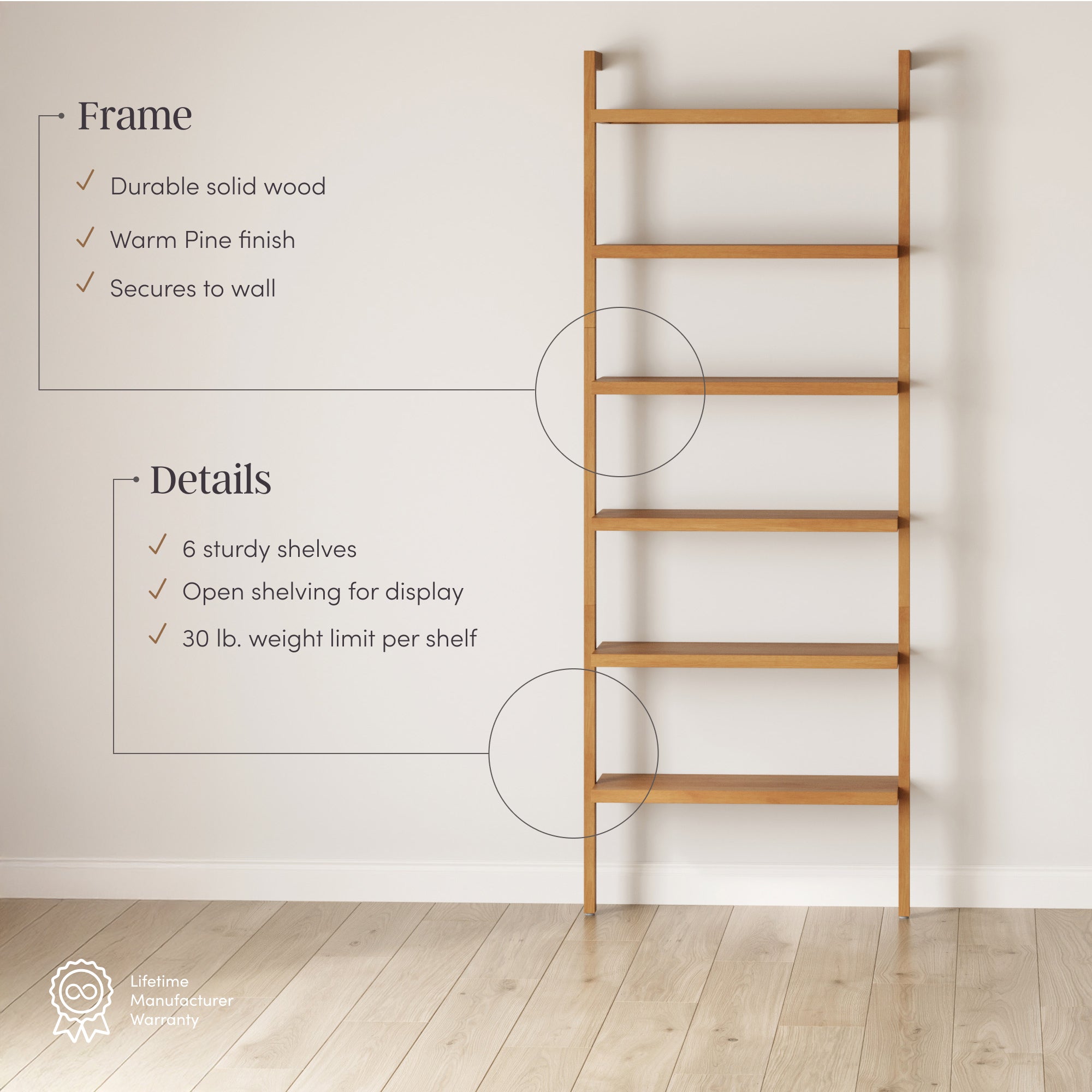 Beacon Bookshelf Solid Wood Warm Pine 6-Shelf | Nathan James