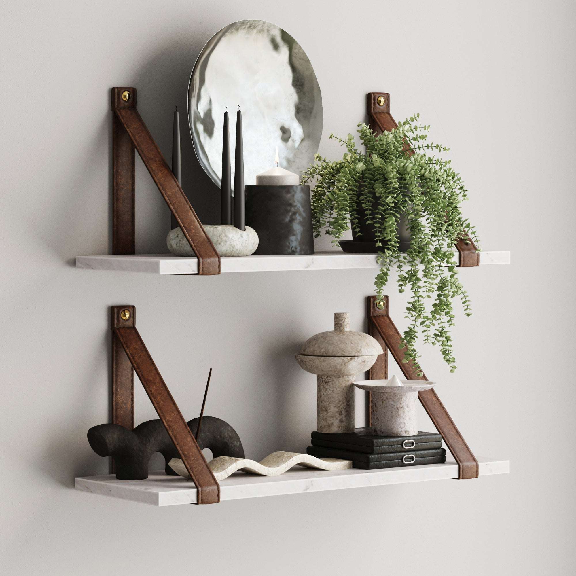 Wooden shelf deals with leather straps