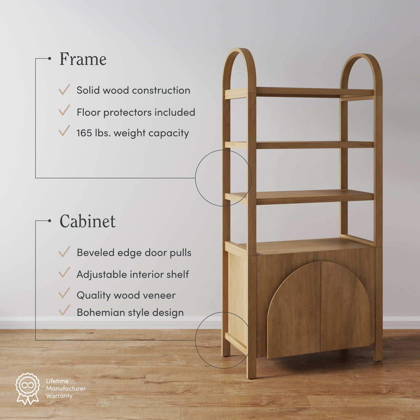 Iris Mid Century Boho Arched Door Bookshelf Brown Nathan James