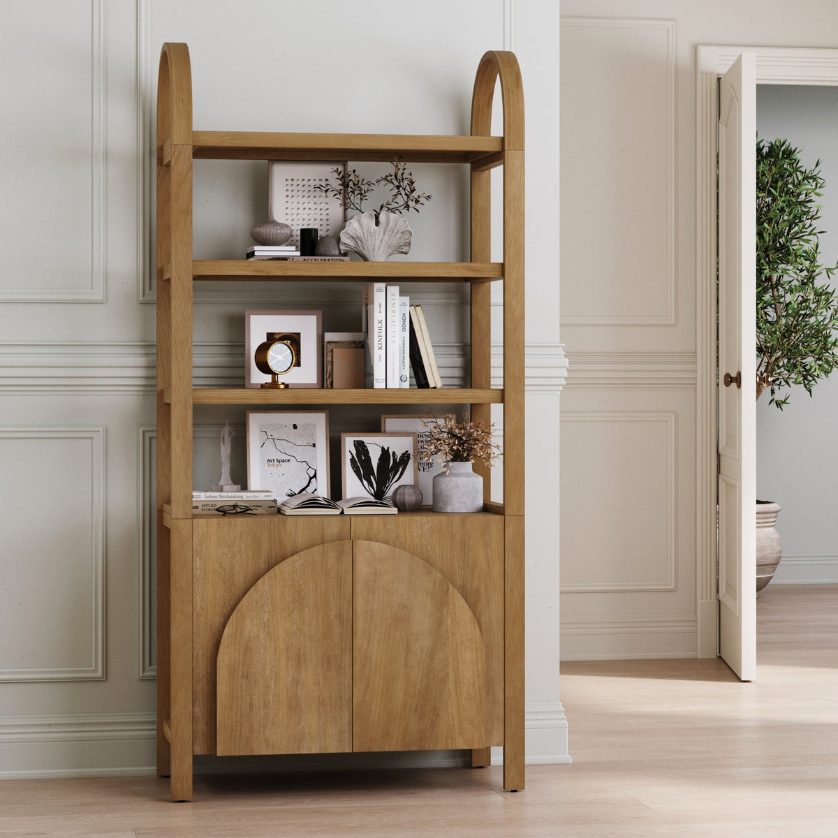 Iris Mid Century Boho Arched Door Bookshelf Brown