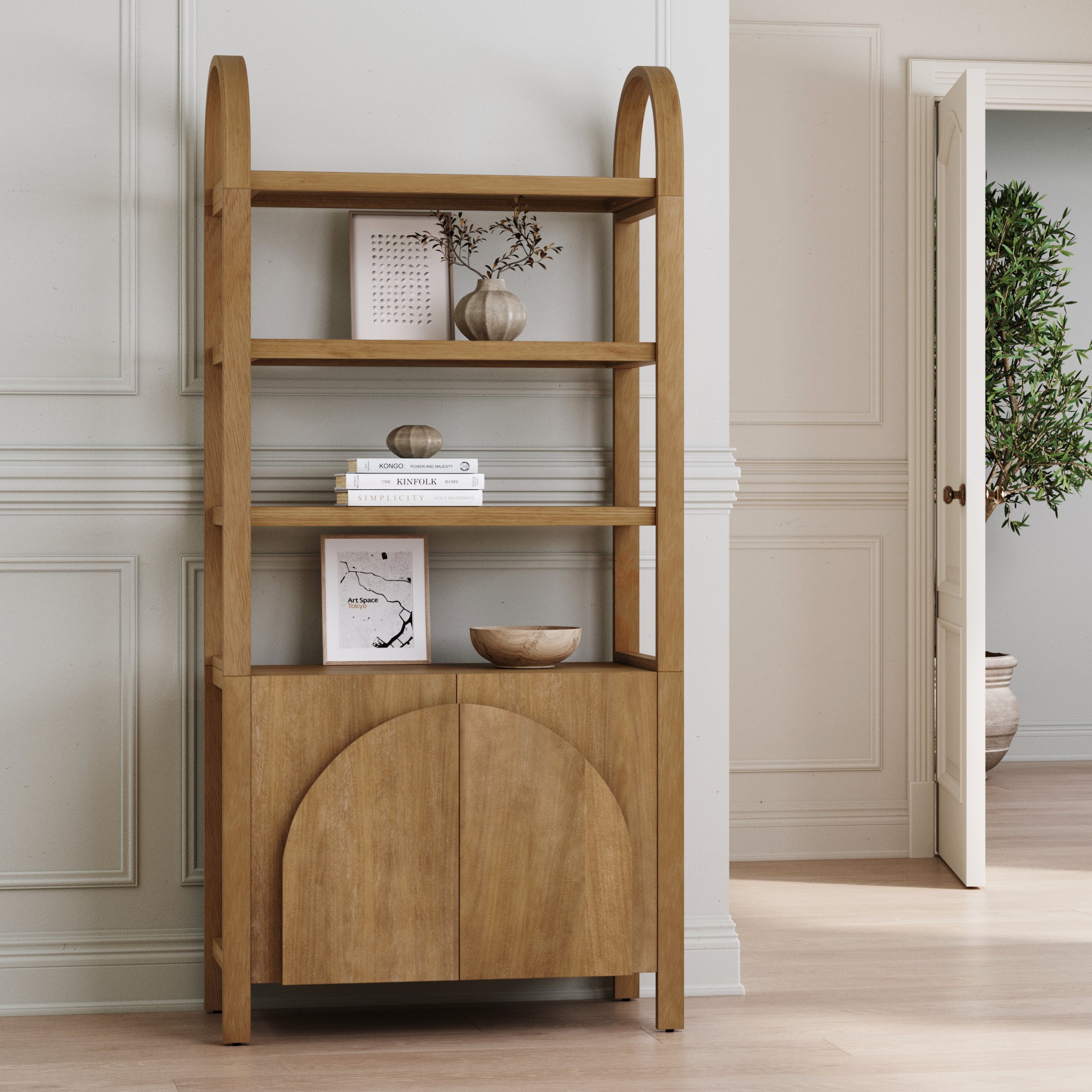 Iris Mid Century Boho Arched Door Bookshelf Brown | Nathan James