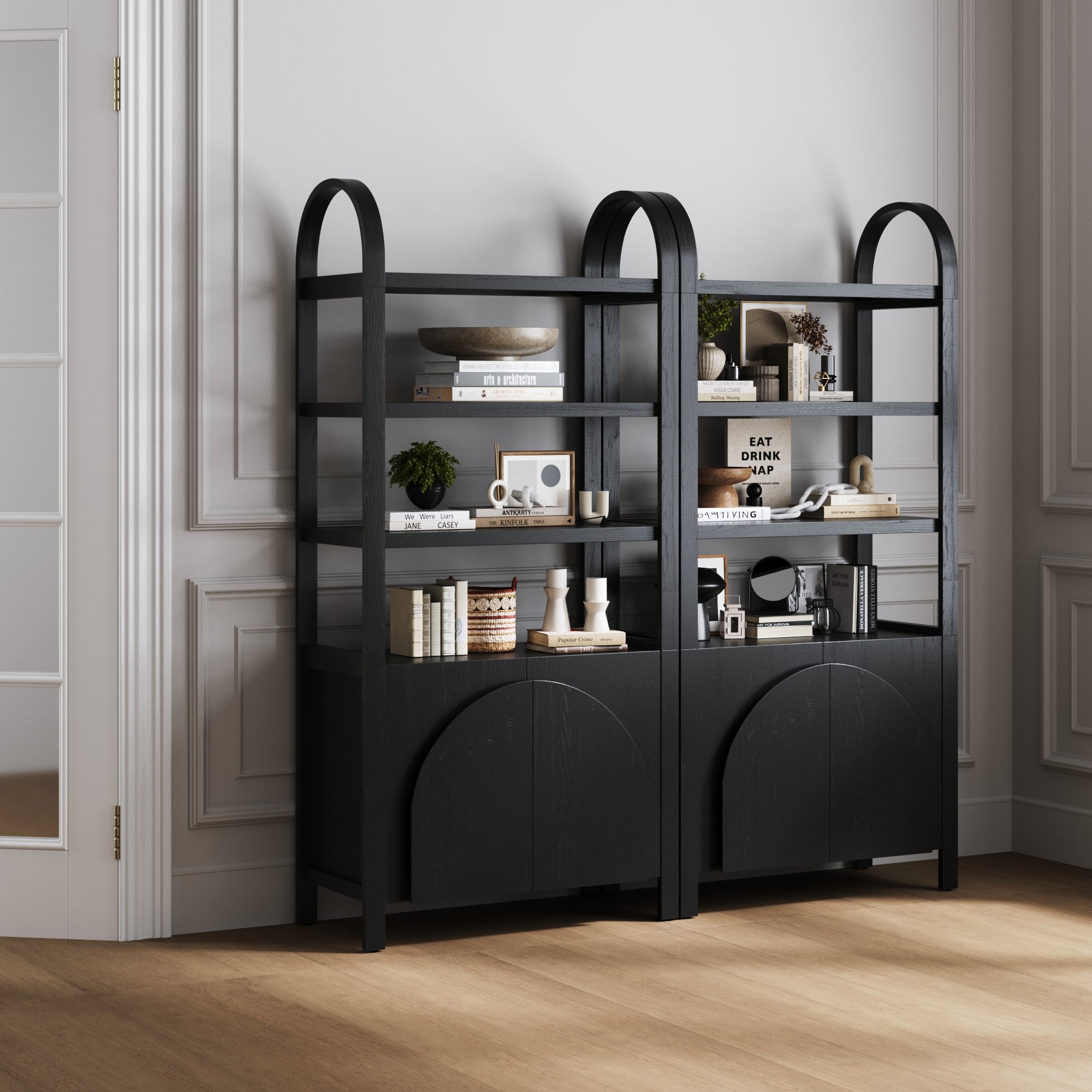 Iris Mid Century Arched Door Bookshelf Black Set of 2