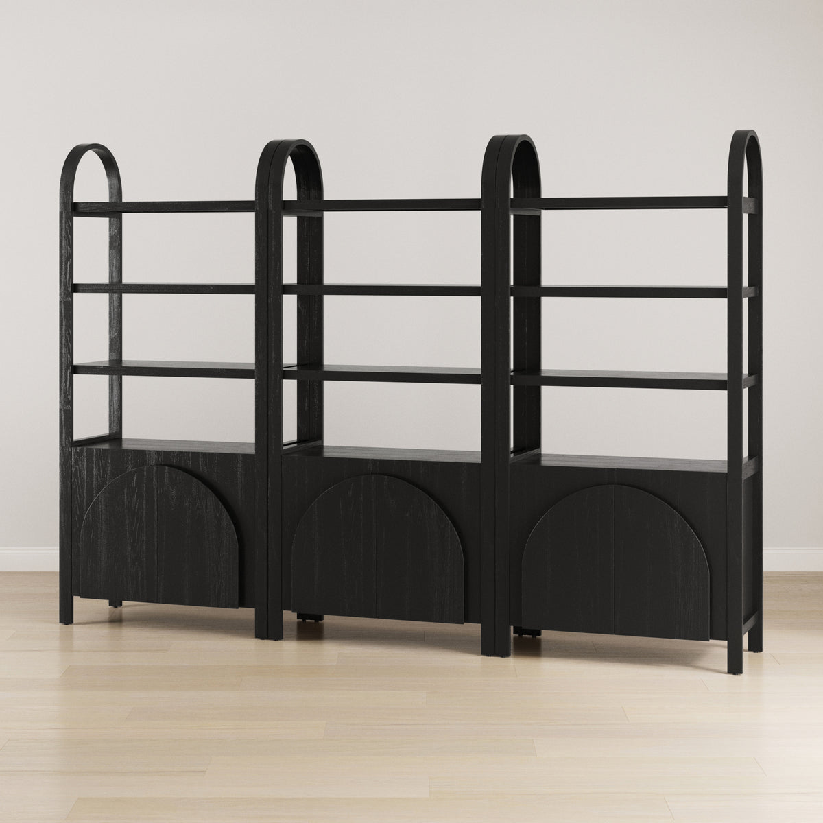 Mid-Century Arched Bookshelves with Doors Black (Set of 3)