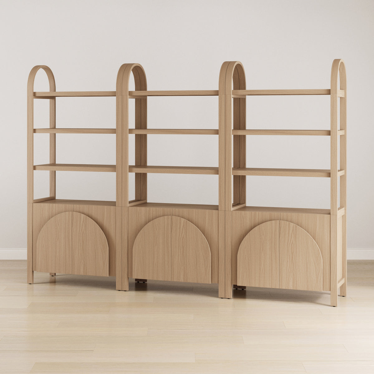 Mid-Century Arched Door Bookshelf with Doors Raw Oak (Set of 3)