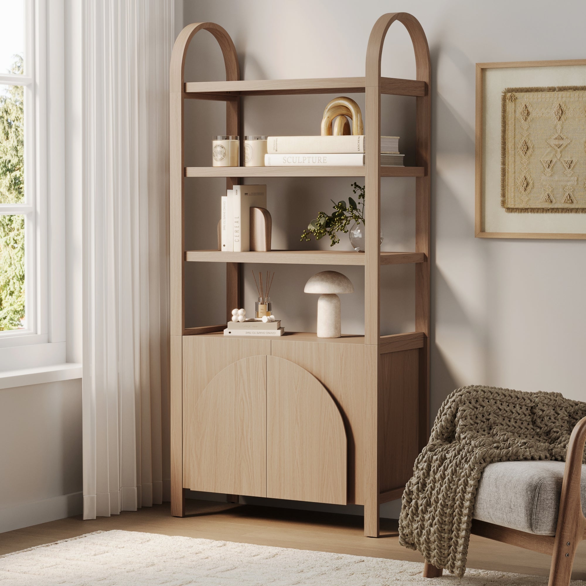 Iris Mid Century Arched Door Bookshelf Raw Oak | Nathan James