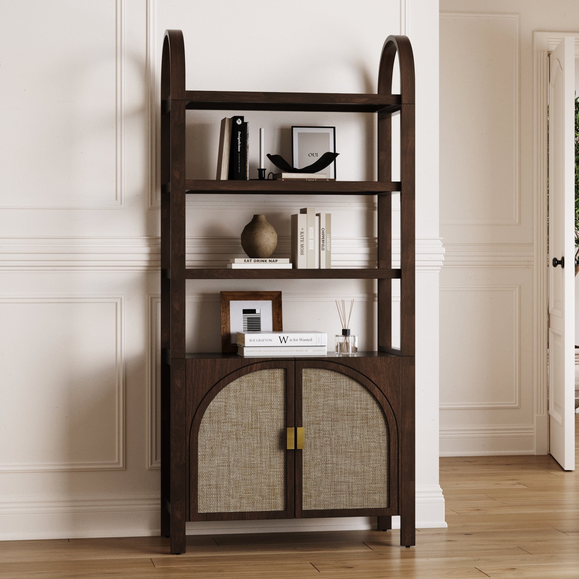 Paxton Arched Door Rattan Bookshelf Dark Acacia | Nathan James